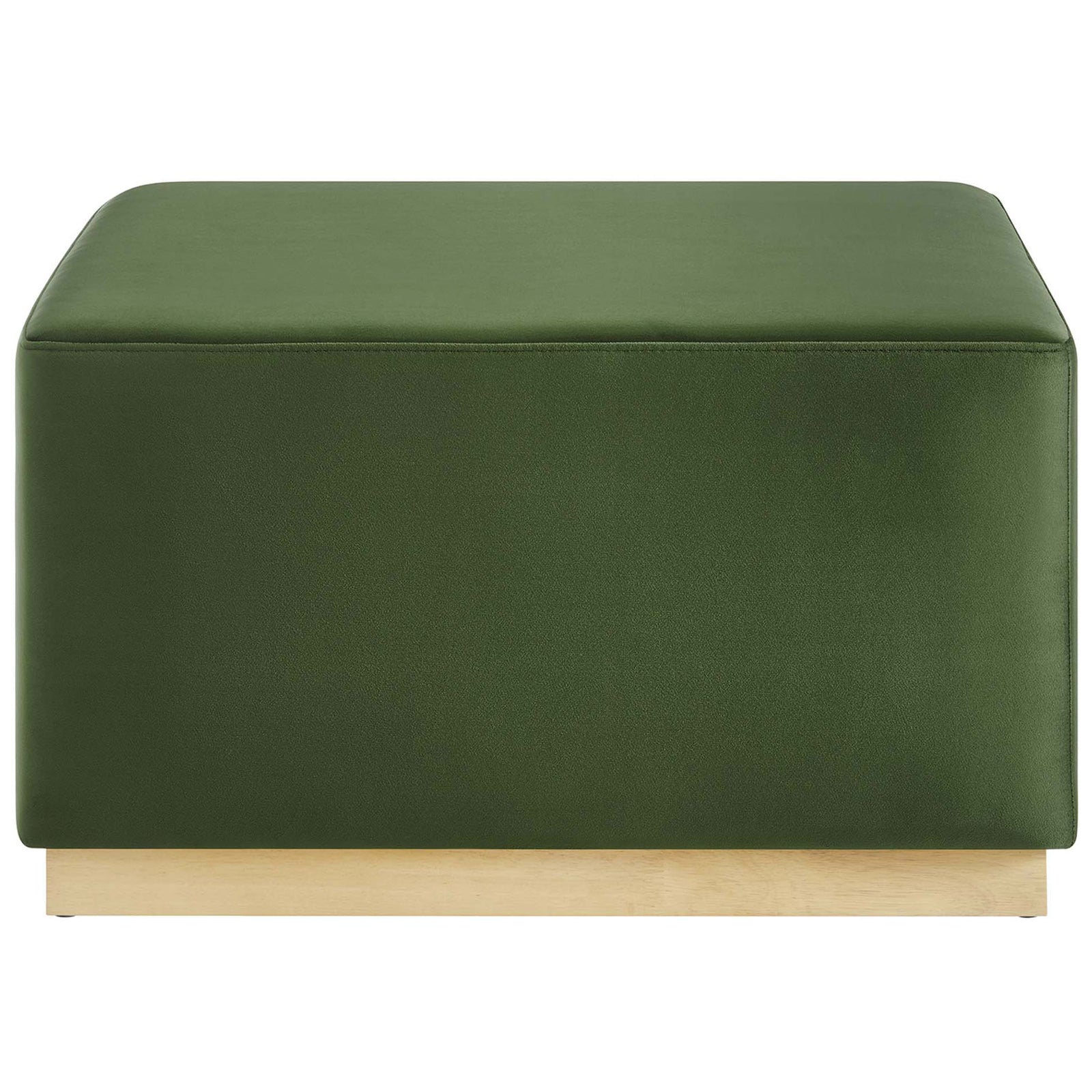 Large moss green velvet ottoman offers a streamlined modern profile and generous 28 inch square seating surface || EEI-6643-MOG-NAT || front_studio