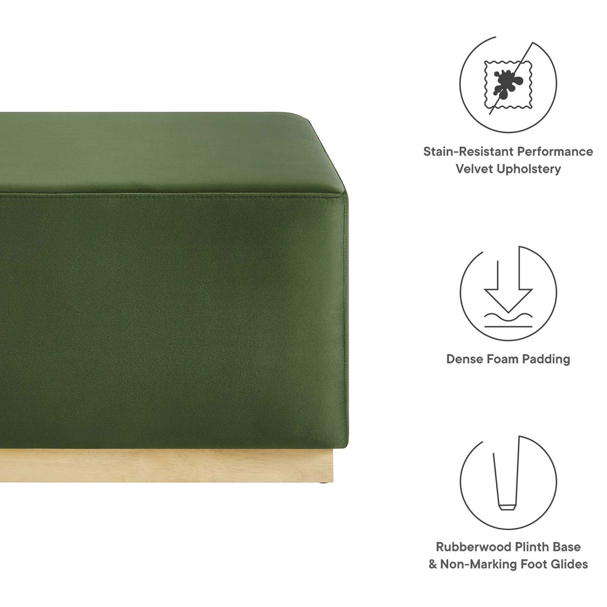Infographic highlighting stain resistant performance velvet, dense foam padding, and a sturdy wood plinth base || EEI-6643-MOG-NAT || callout_studio