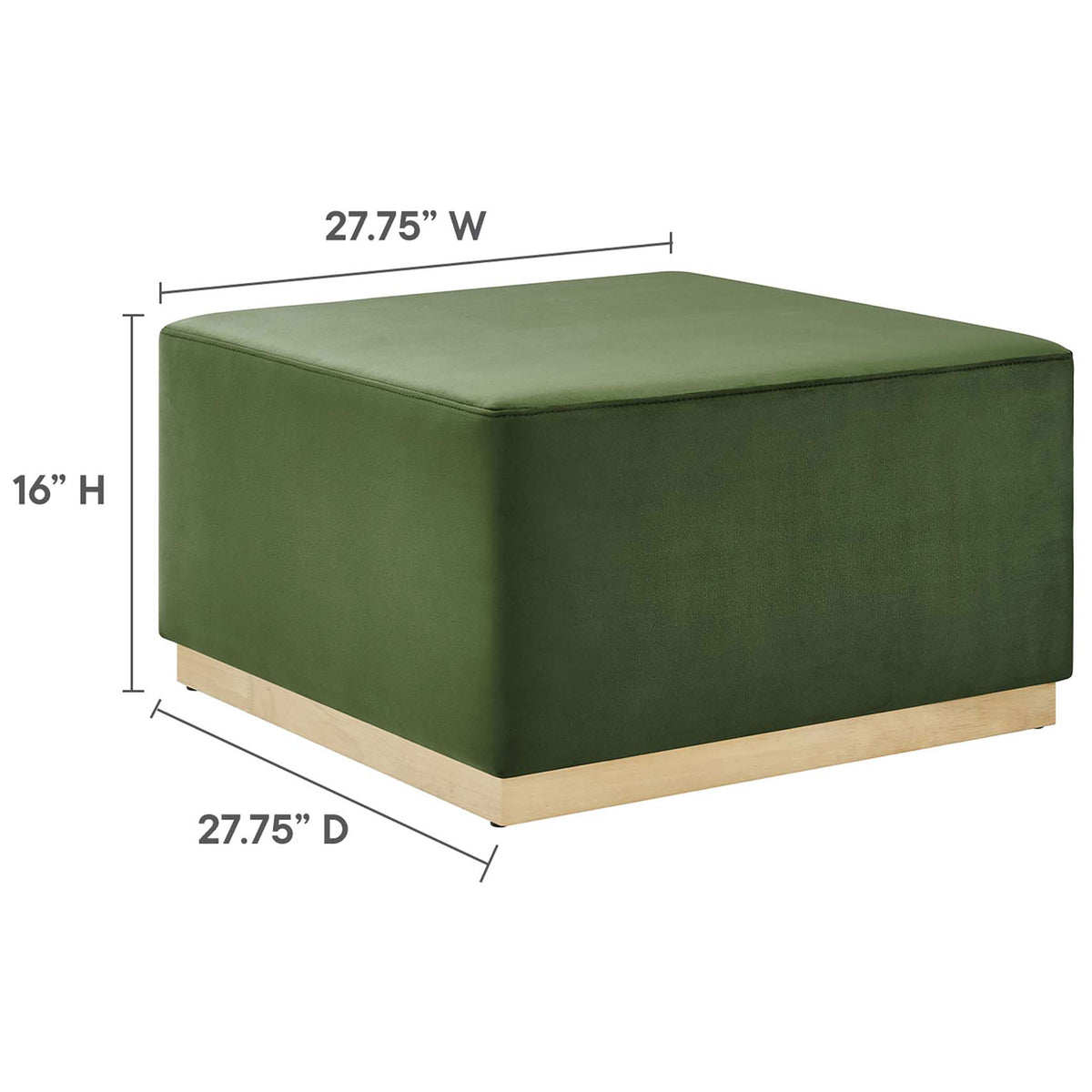 Dimensions for the moss green ottoman showing 27.75 inch square size and 16 inch height on the natural wood base || EEI-6643-MOG-NAT || dimension_studio