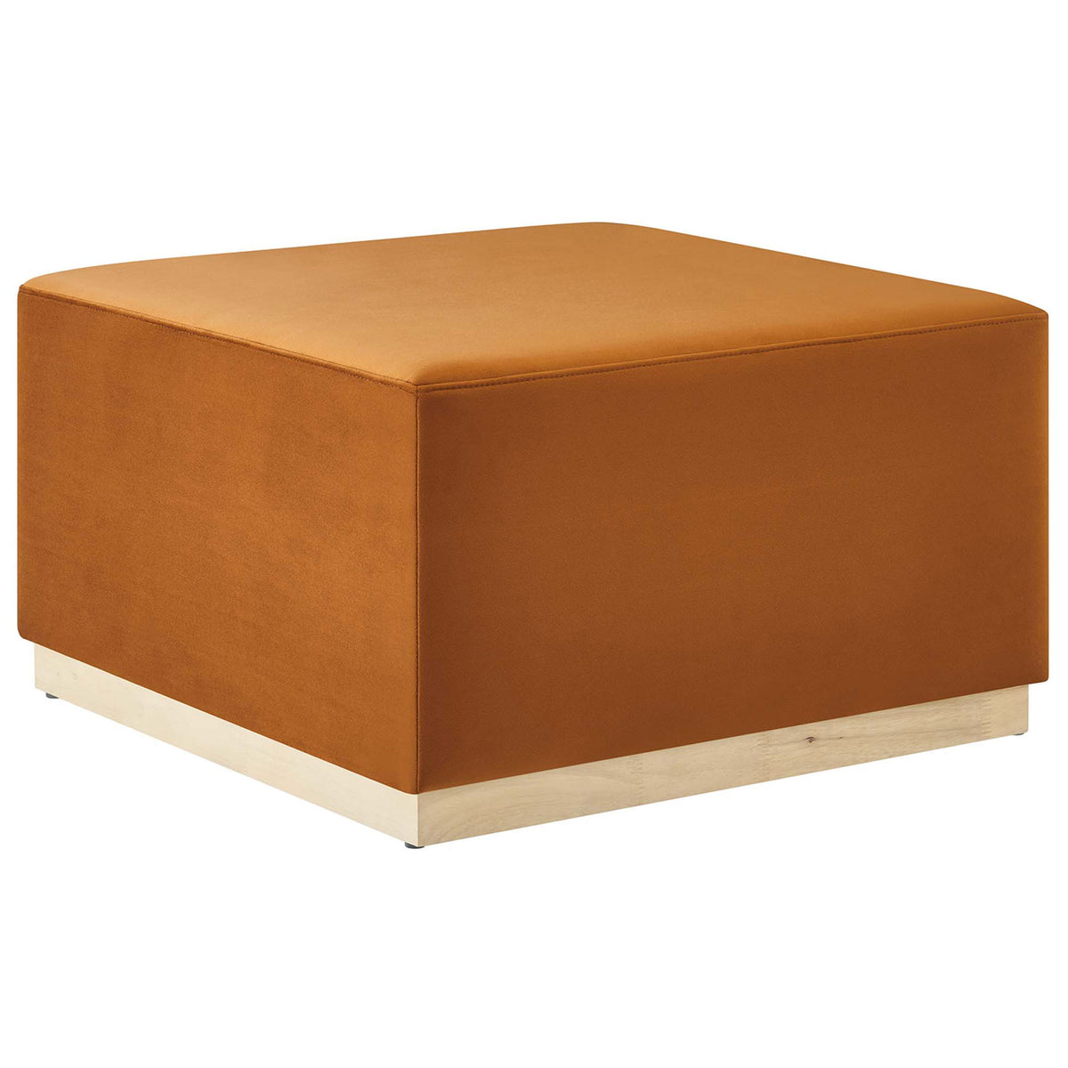 Rust velvet square ottoman with smooth tailored sides and light wood plinth base || EEI-6643-RUS-NAT || front_angle_studio