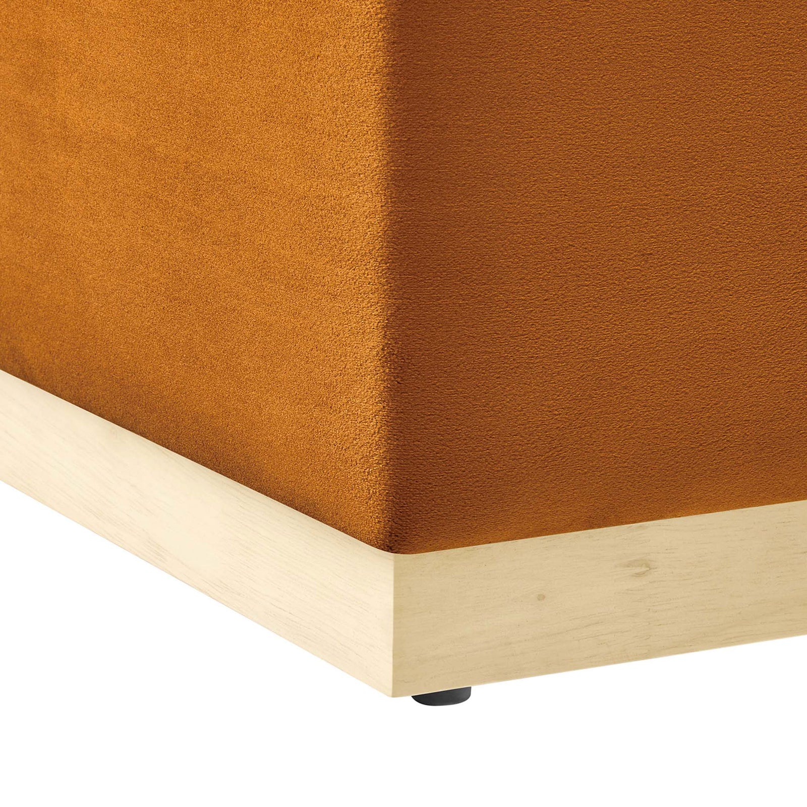 Rust velvet upholstery meets pale rubberwood plinth base with non-marking floor glide || EEI-6643-RUS-NAT || leg_studio