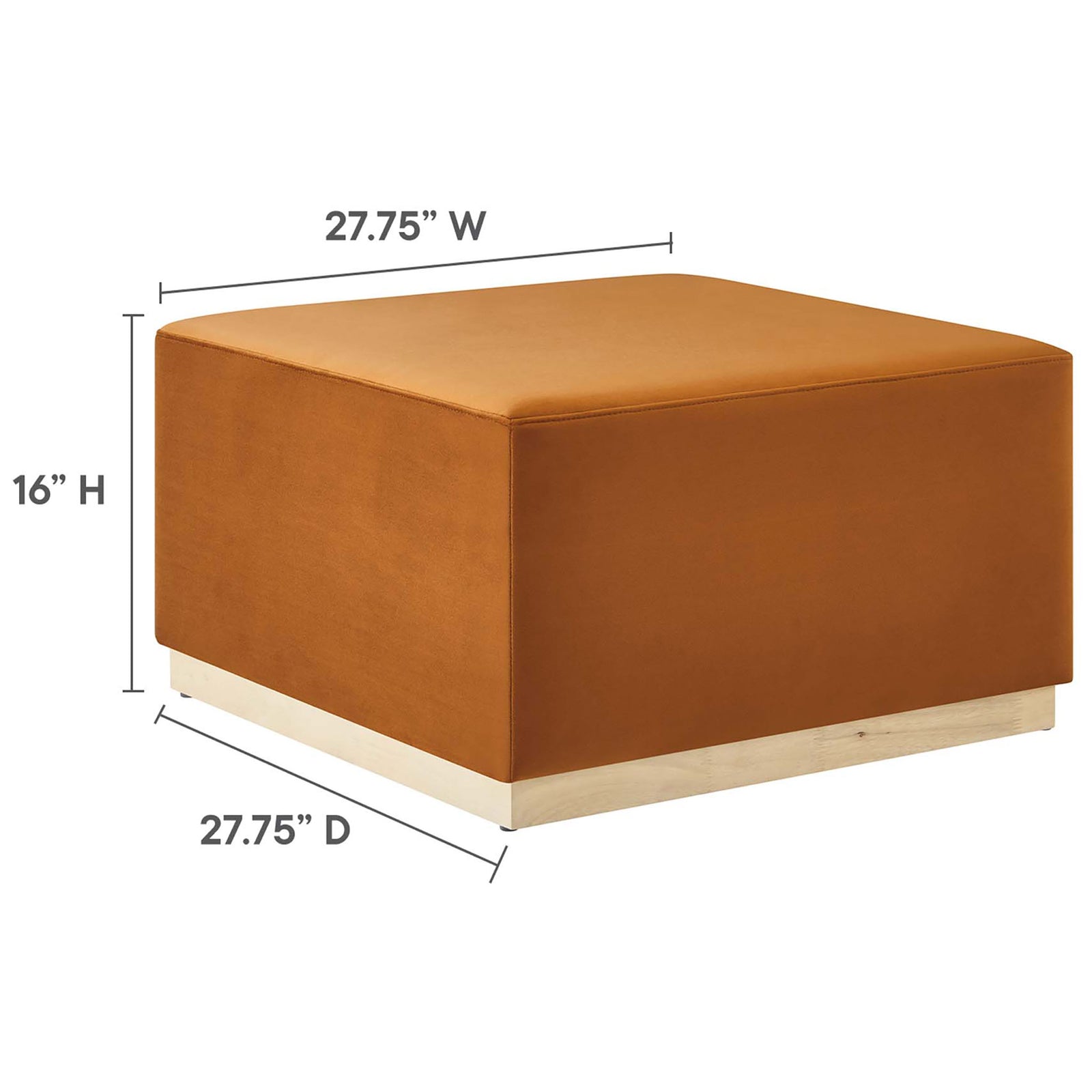 Rust velvet ottoman with 27.75 inch square footprint and 16 inch low-profile height || EEI-6643-RUS-NAT || dimension_studio