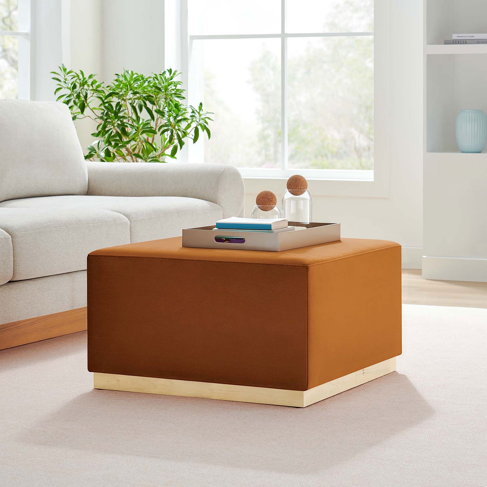 Rust velvet ottoman anchors bright living room beside light sofa, greenery, and modern decor || EEI-6643-RUS-NAT || front_angle_room