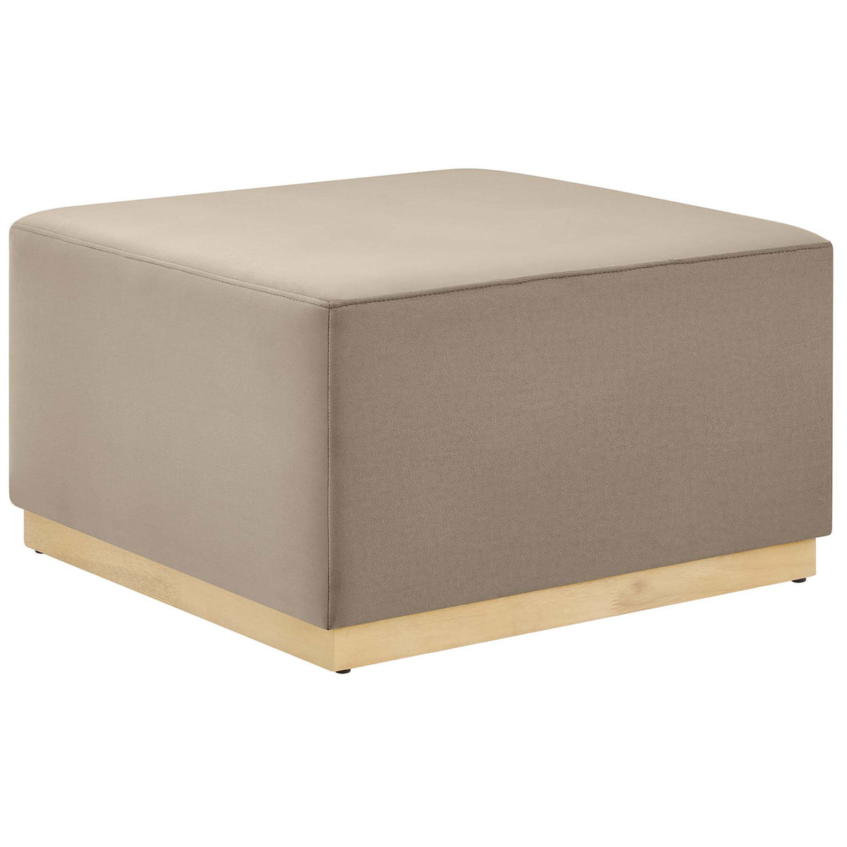 Large taupe velvet ottoman with clean lines and wood base, perfect as a coffee table or extra seating || EEI-6643-TAU-NAT || front_angle_studio