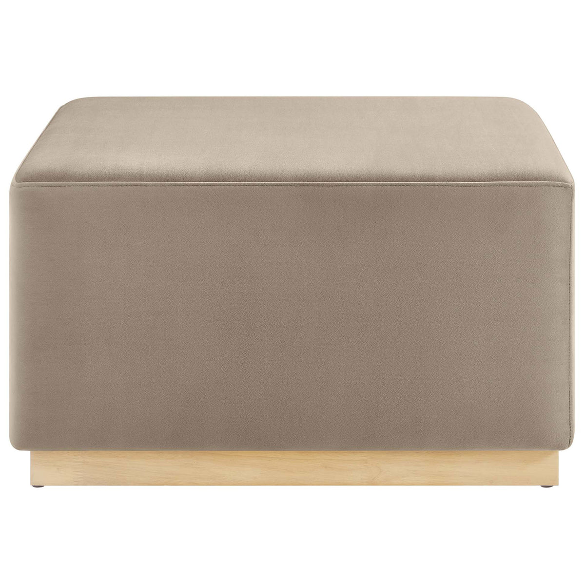 Taupe velvet square ottoman with plush cushioning and light wood plinth base for modern living rooms || EEI-6643-TAU-NAT || front_studio