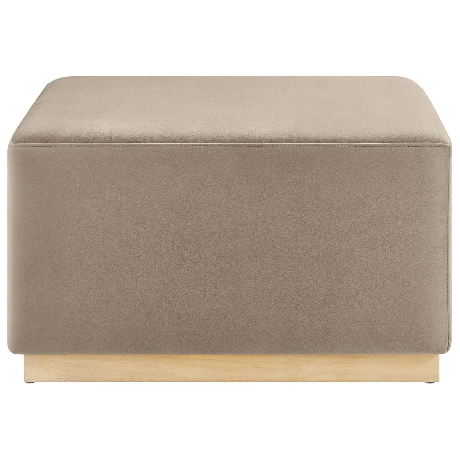 Taupe velvet square ottoman with plush cushioning and light wood plinth base for modern living rooms || EEI-6643-TAU-NAT || front_studio