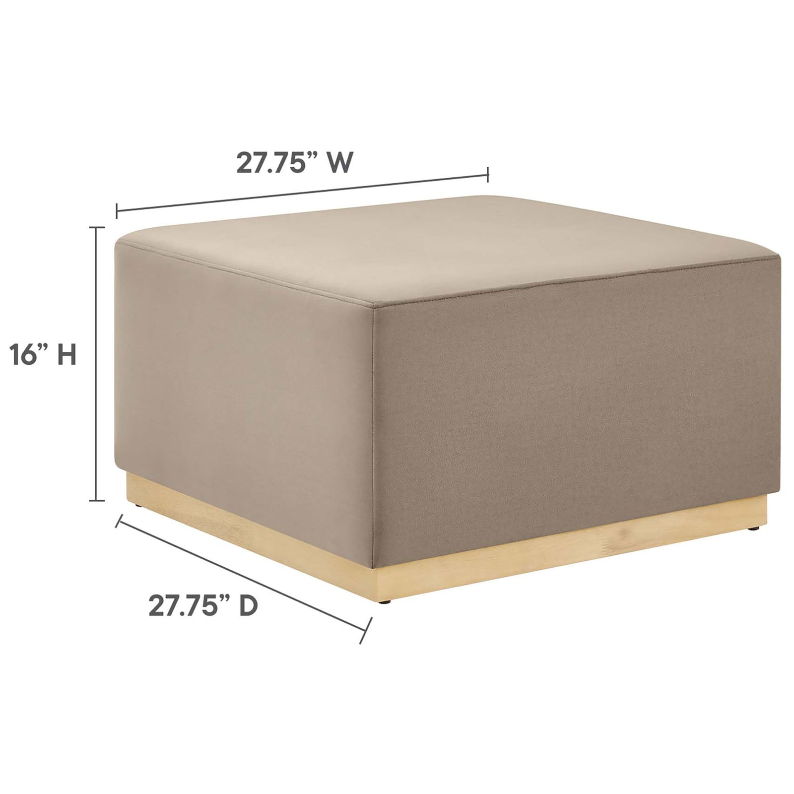 Ottoman with labeled dimensions showing 27.75 inch square footprint and 16 inch height for easy planning || EEI-6643-TAU-NAT || dimension_studio