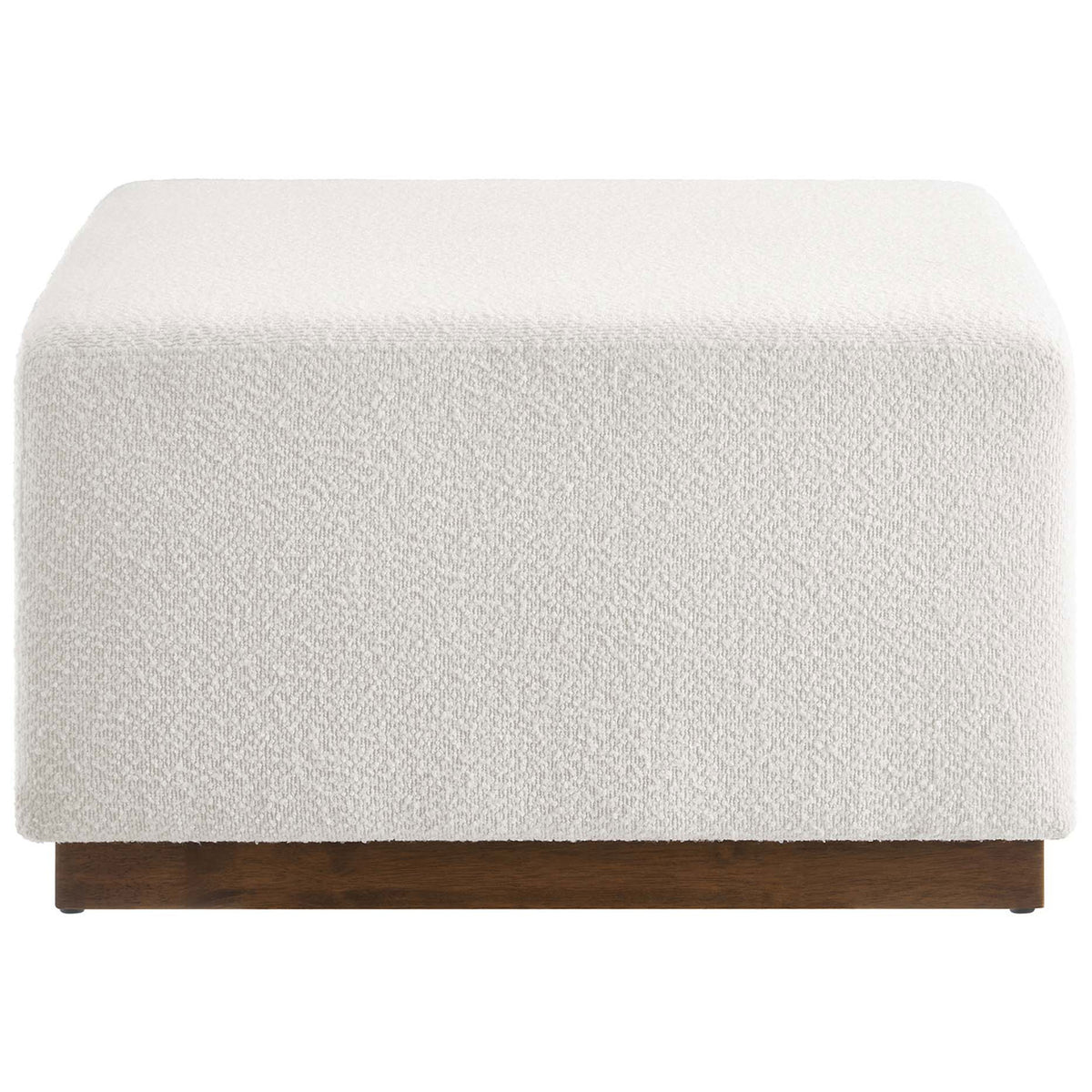 Square cloud boucle ottoman showcasing clean lines and low profile on a rich walnut base. || EEI-6644-CLO-WAL || front_studio