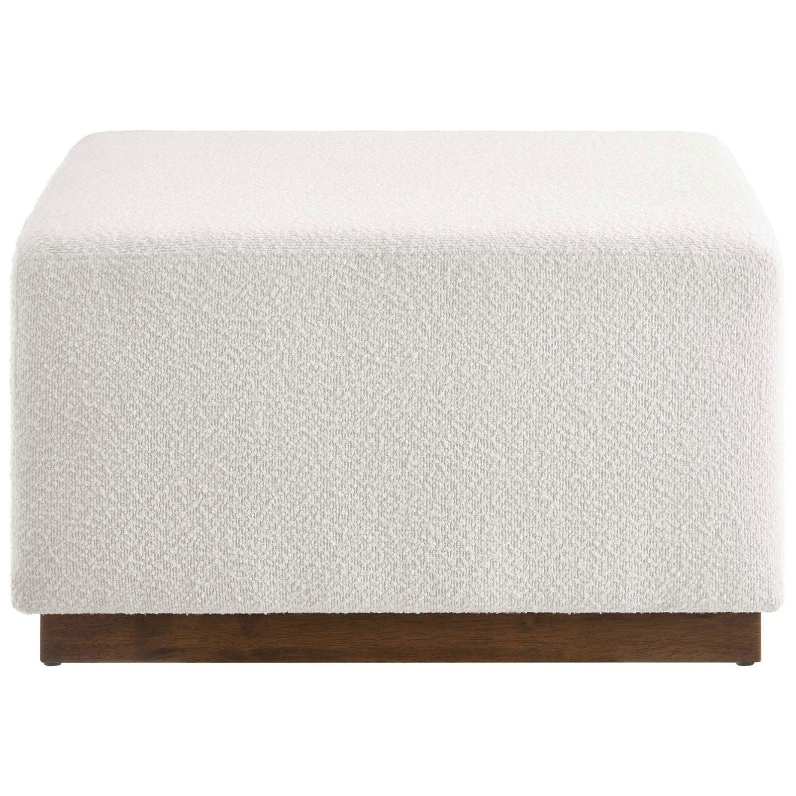 Square cloud boucle ottoman showcasing clean lines and low profile on a rich walnut base. || EEI-6644-CLO-WAL || front_studio