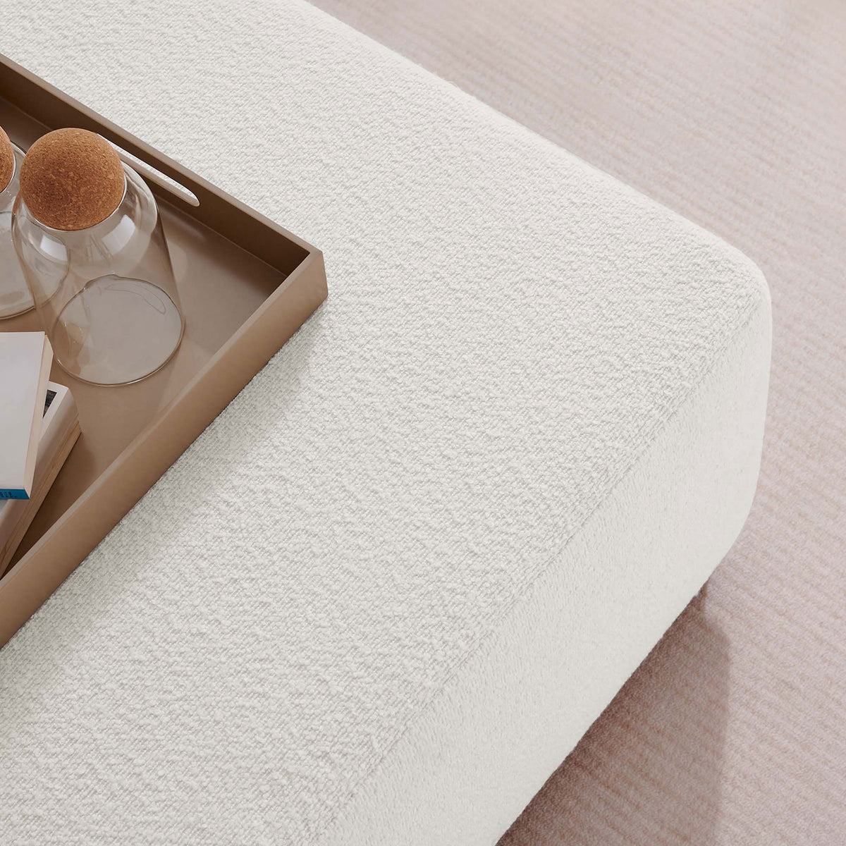 Styled ottoman top with tray and glassware highlights the cozy cloud boucle upholstery. || EEI-6644-CLO-WAL || detail_room