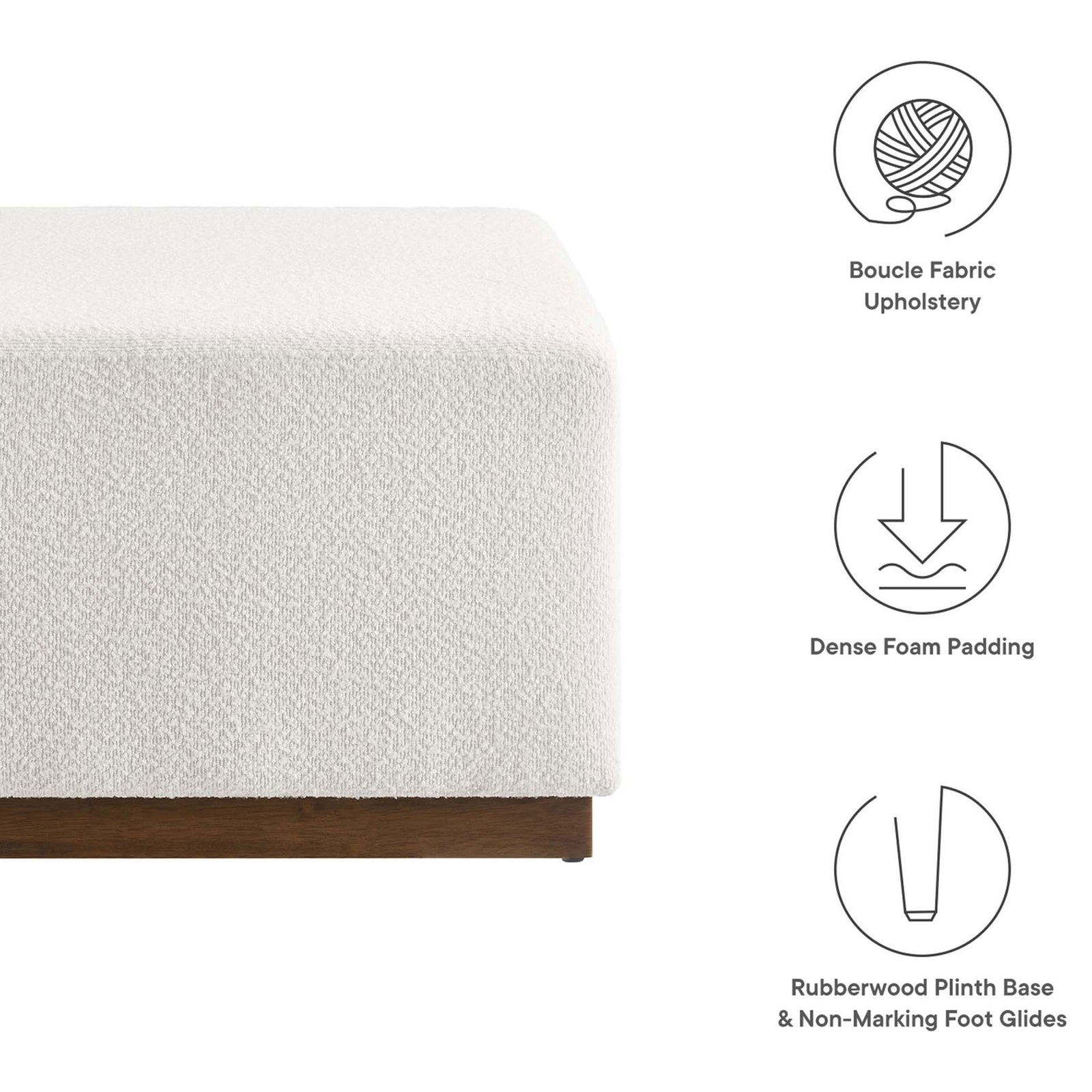 Boucle fabric upholstery, dense foam cushioning, and rubberwood plinth base are key features. || EEI-6644-CLO-WAL || callout_studio