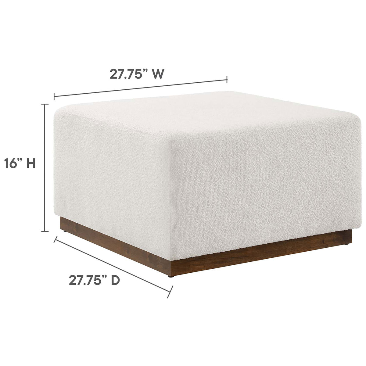 Measurements for the Tilden square ottoman highlight its wide, low silhouette for versatile use. || EEI-6644-CLO-WAL || dimension_studio