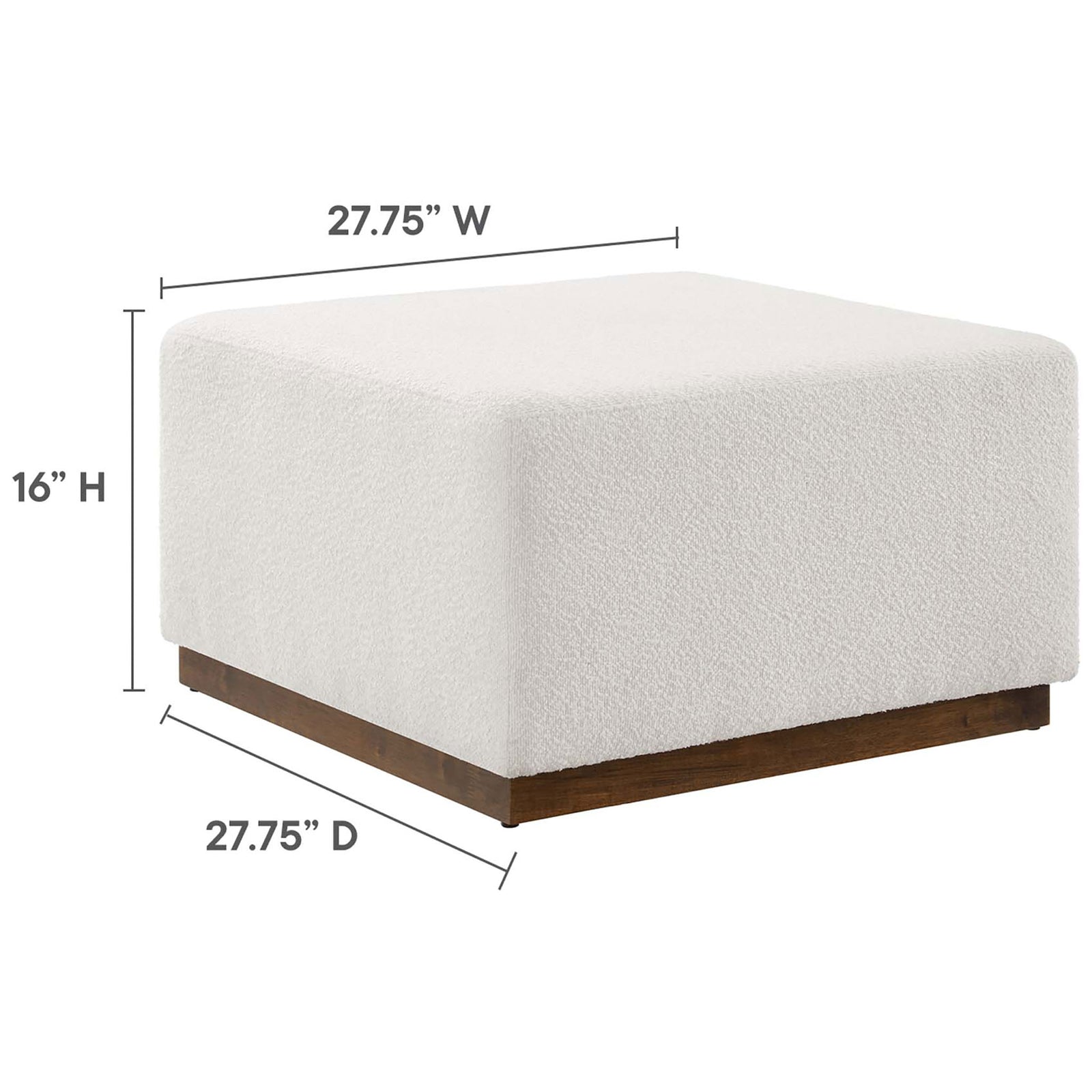 Measurements for the Tilden square ottoman highlight its wide, low silhouette for versatile use. || EEI-6644-CLO-WAL || dimension_studio