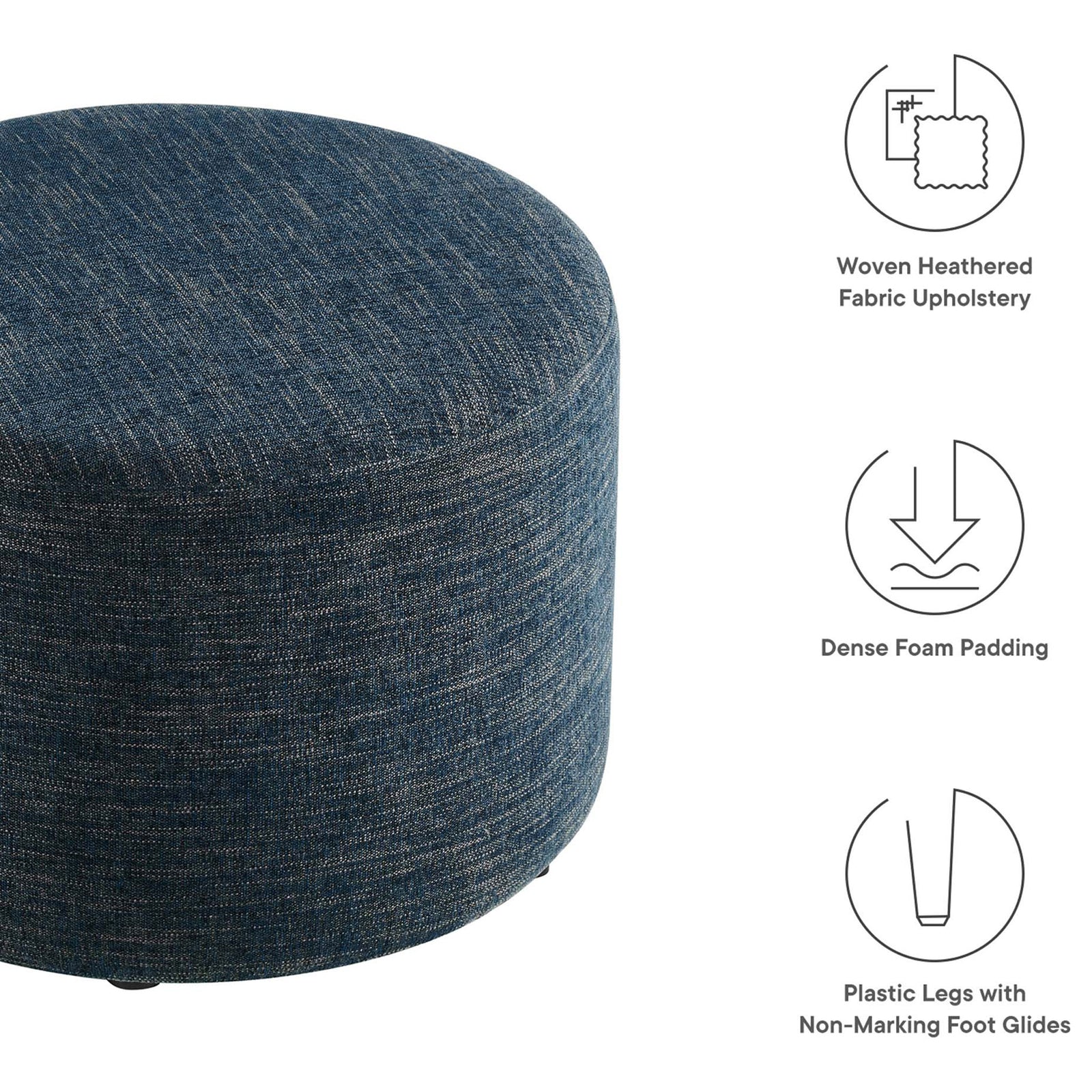 Feature icons highlight woven upholstery, dense foam cushioning, and floor-friendly plastic legs || EEI-6645-HEA || callout_studio