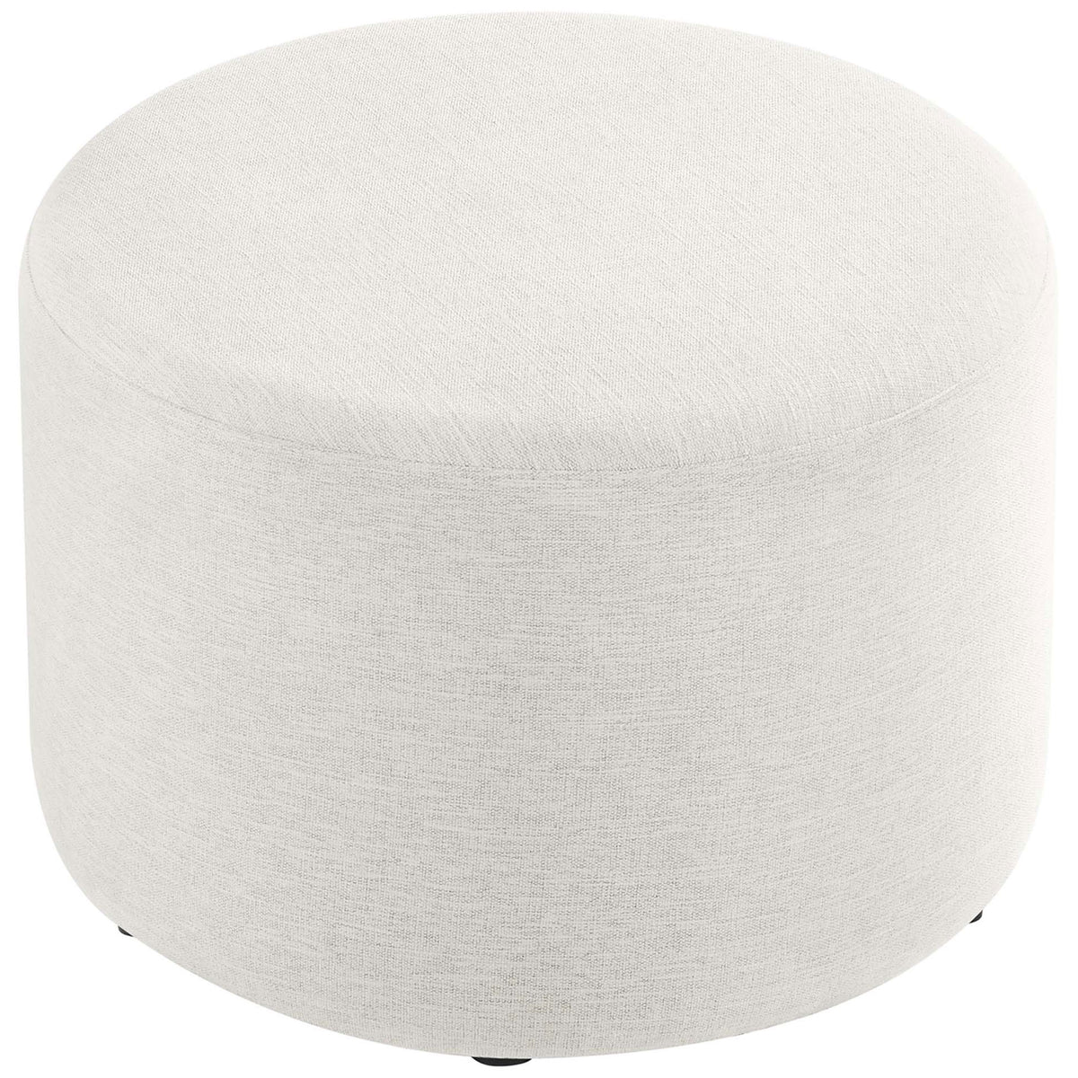 Spacious round ivory ottoman with softly textured fabric and a smooth, modern profile || EEI-6645-HEI || top_angle_studio