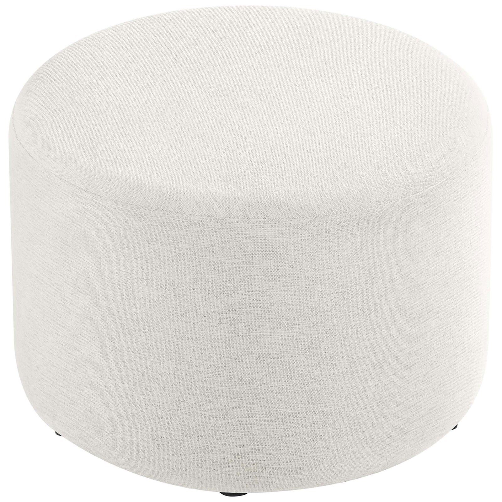 Spacious round ivory ottoman with softly textured fabric and a smooth, modern profile || EEI-6645-HEI || top_angle_studio