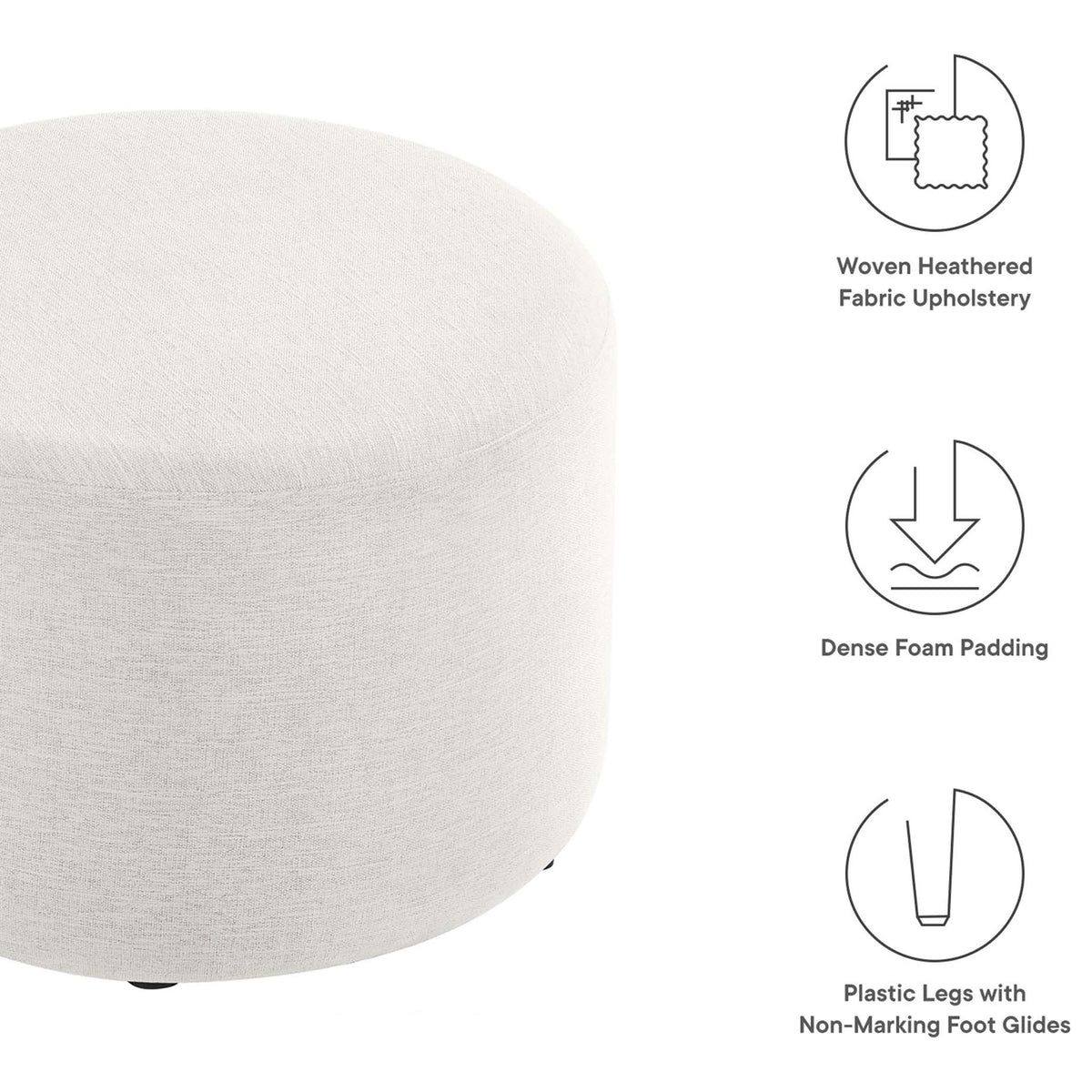 Feature graphic highlighting the ivory ottoman's heathered upholstery, foam cushioning, and floor-safe feet || EEI-6645-HEI || callout_studio