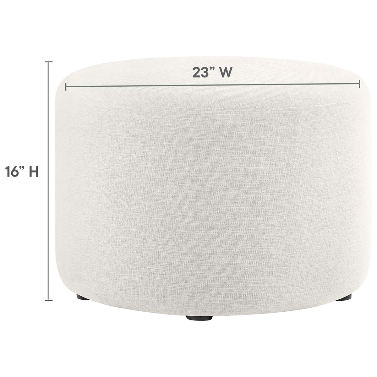 Size graphic showing the ivory round ottoman measuring 23 inches wide and 16 inches high || EEI-6645-HEI || dimension_studio