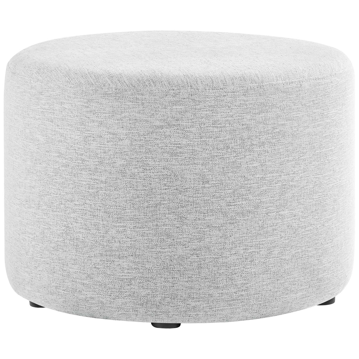 Large round heathered light gray ottoman with smooth tailored upholstery and low-profile feet || EEI-6645-HLG || front_studio