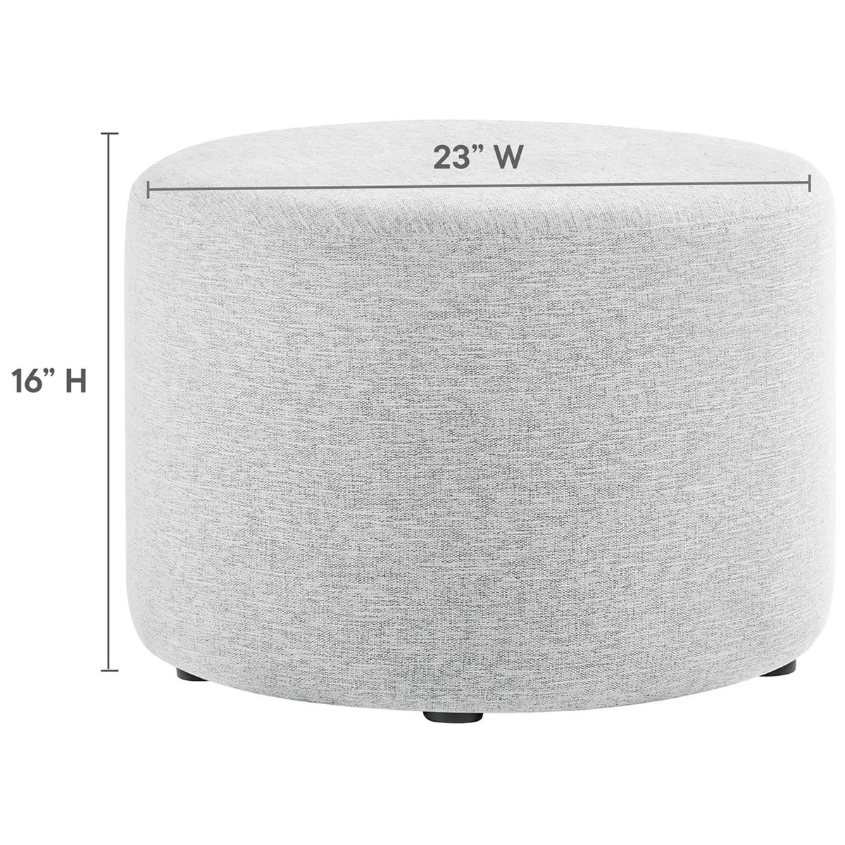 Dimension graphic of the ottoman showing 23 inch width and 16 inch height on a clean white background || EEI-6645-HLG || dimension_studio