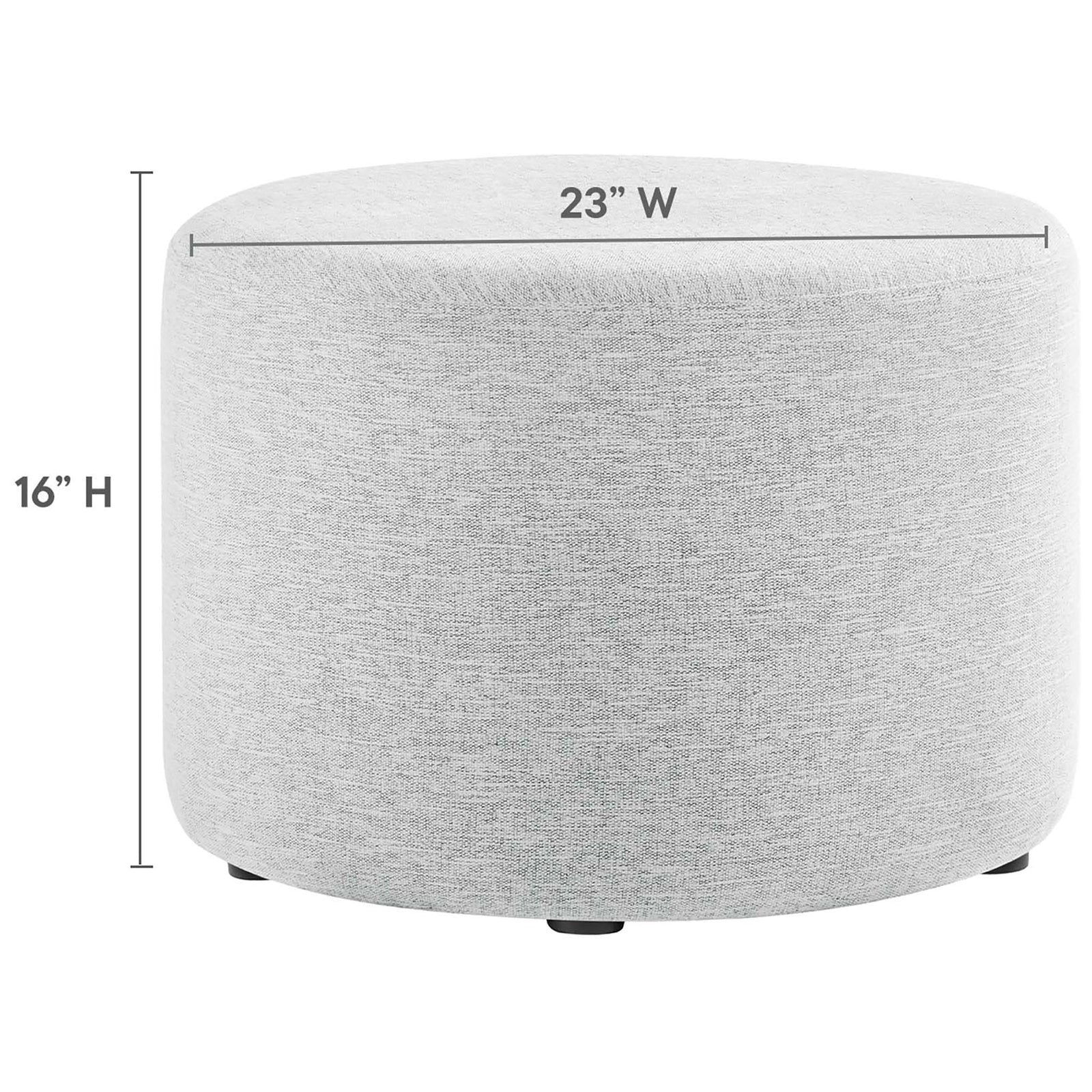 Dimension graphic of the ottoman showing 23 inch width and 16 inch height on a clean white background || EEI-6645-HLG || dimension_studio