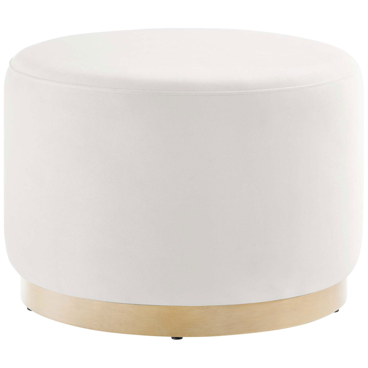 Round alabaster velvet ottoman with smooth cushioning and natural wood plinth base. || EEI-6646-ALA-NAT || front_studio