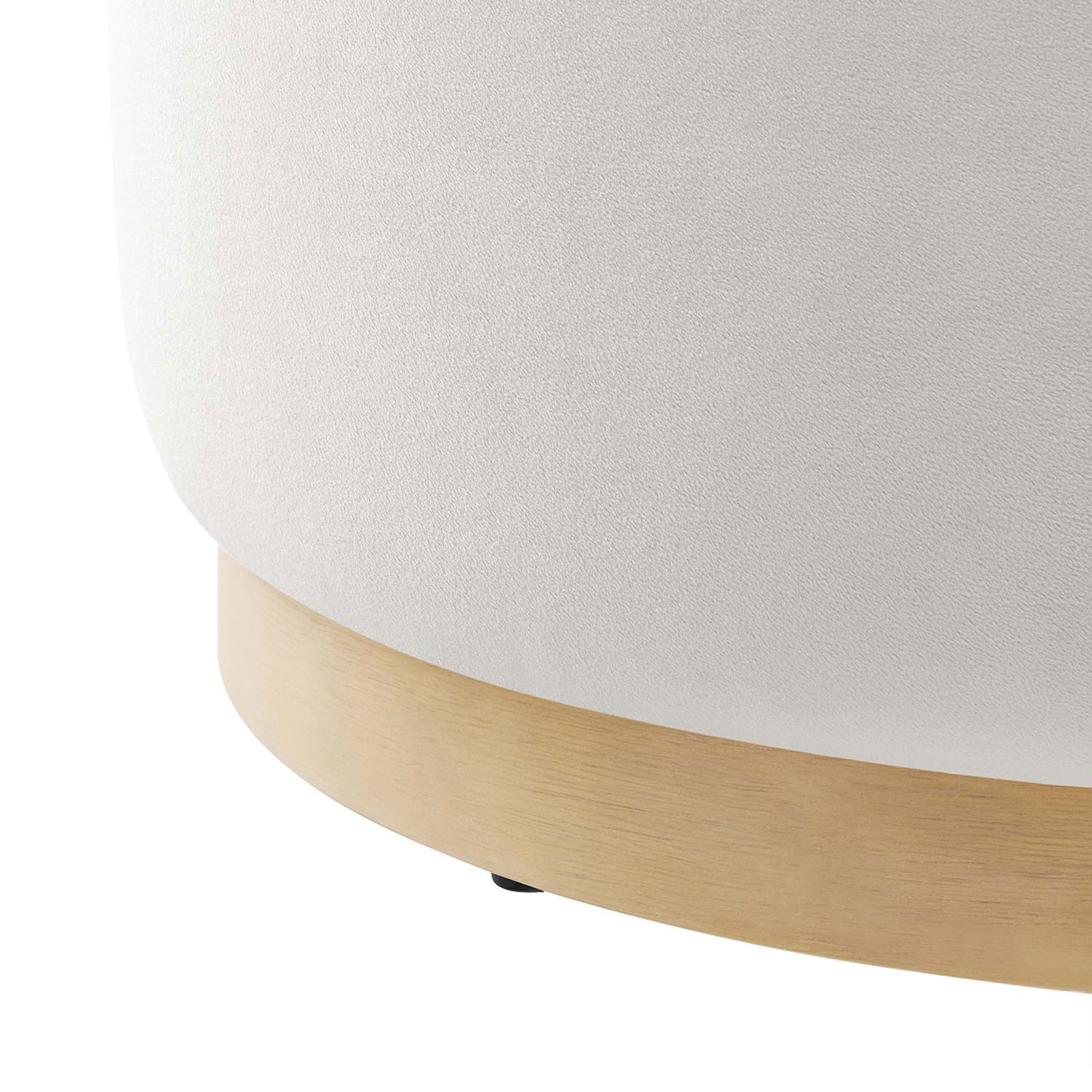 Natural rubberwood plinth base and softly textured alabaster upholstery create a refined finish. || EEI-6646-ALA-NAT || detail_studio