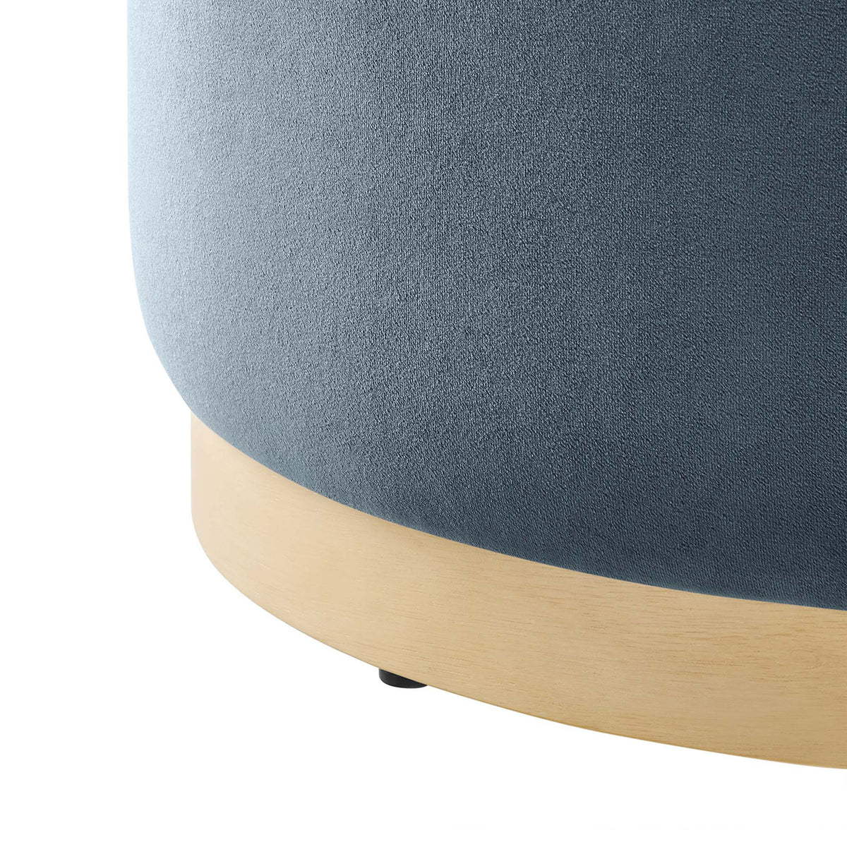 Natural wood plinth base pairs with smooth performance velvet upholstery on the round ottoman || EEI-6646-CAB-NAT || leg_studio