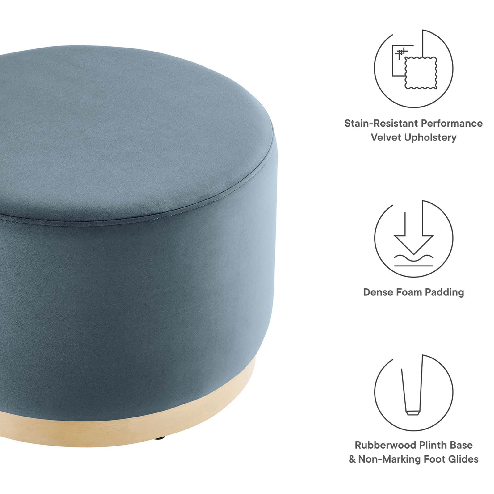 Feature graphic of the blue velvet ottoman highlighting stain resistant fabric, dense foam, and protective base glides || EEI-6646-CAB-NAT || callout_studio