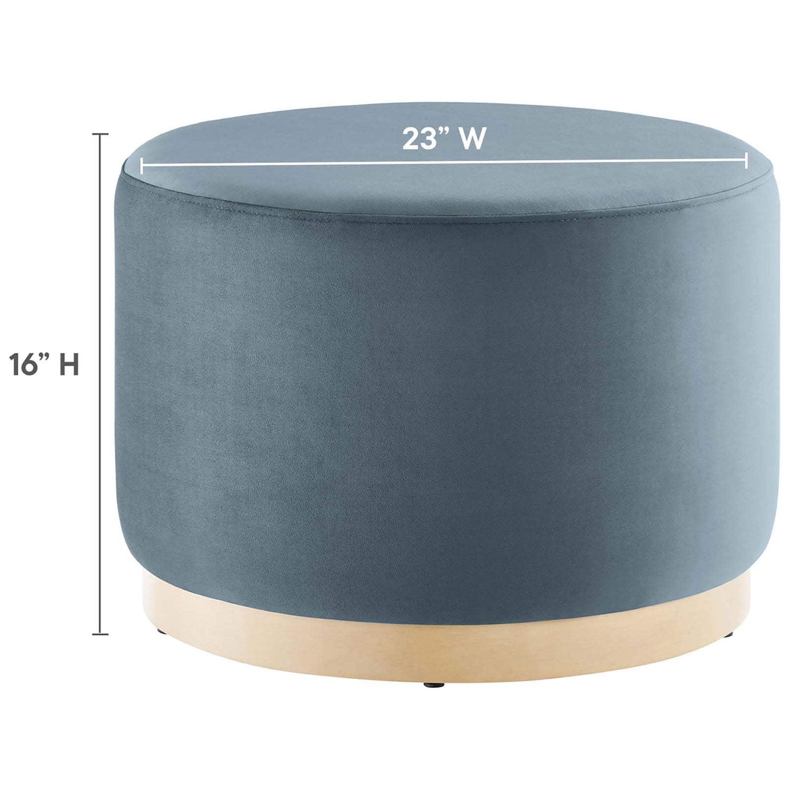 Dimension graphic of the round ottoman showing its 23 inch width and 16 inch height for versatile seating || EEI-6646-CAB-NAT || dimension_studio