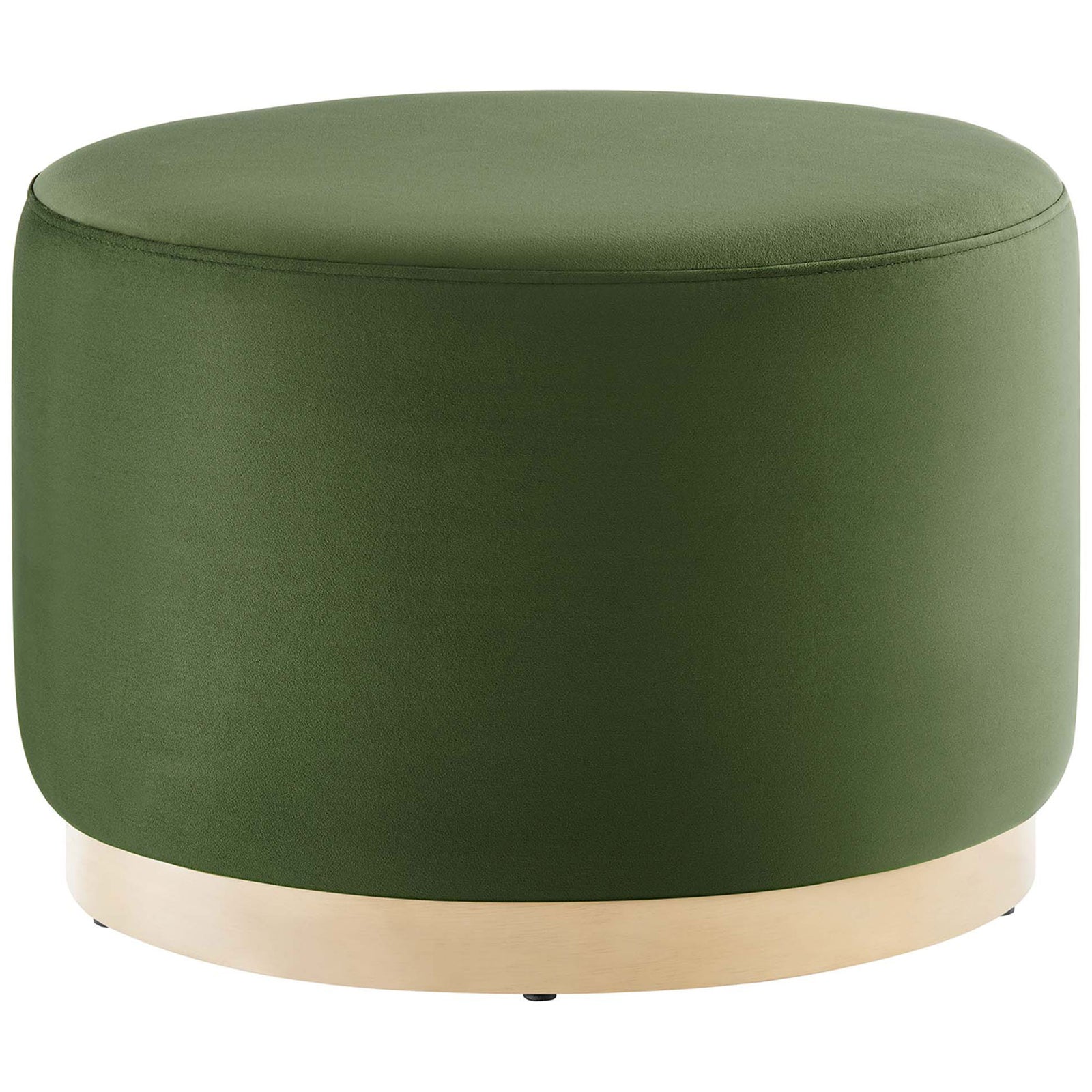 Moss green round velvet ottoman with smooth sides and natural wood plinth base. || EEI-6646-MOG-NAT || front_studio