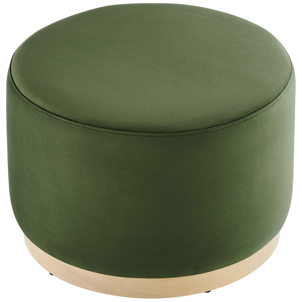 Plush moss green ottoman with a round cushioned seat and slim natural wood plinth base. || EEI-6646-MOG-NAT || top_angle_studio
