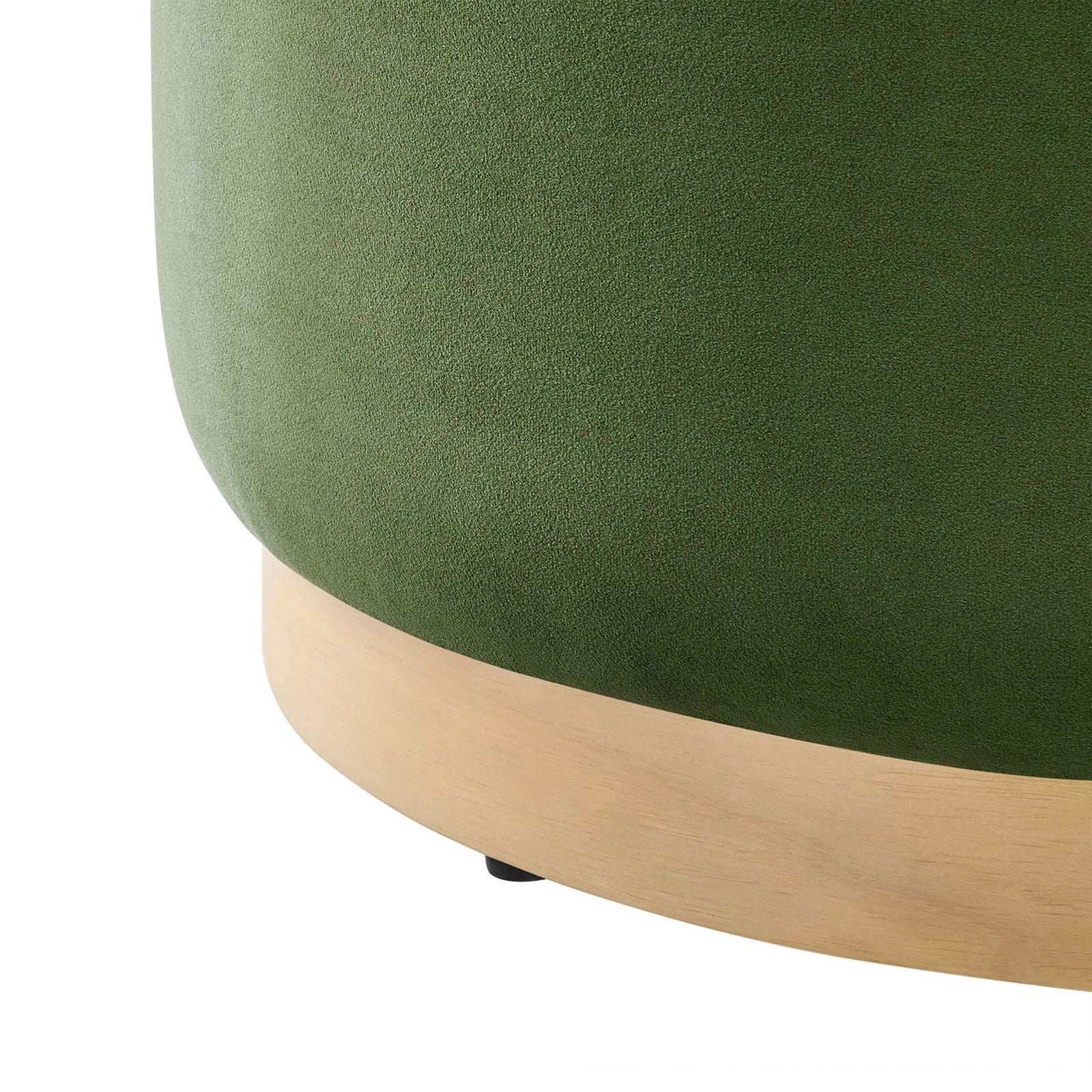 Design of the ottoman's moss green velvet side and light wood plinth base with floor glides. || EEI-6646-MOG-NAT || leg_studio