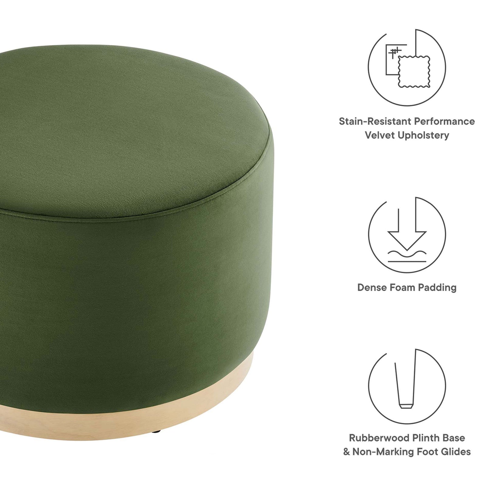 Moss green velvet ottoman with icons highlighting stain-resistant fabric, dense foam, and smooth wood base. || EEI-6646-MOG-NAT || callout_studio