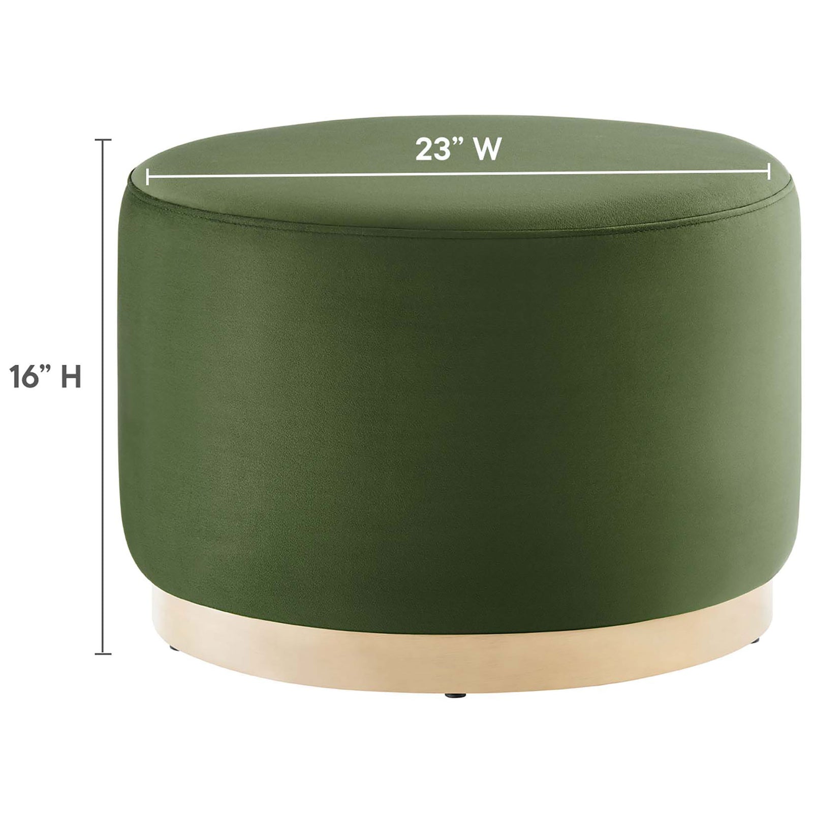 Moss green round ottoman with natural wood base shown with height and width measurements for easy sizing. || EEI-6646-MOG-NAT || dimension_studio