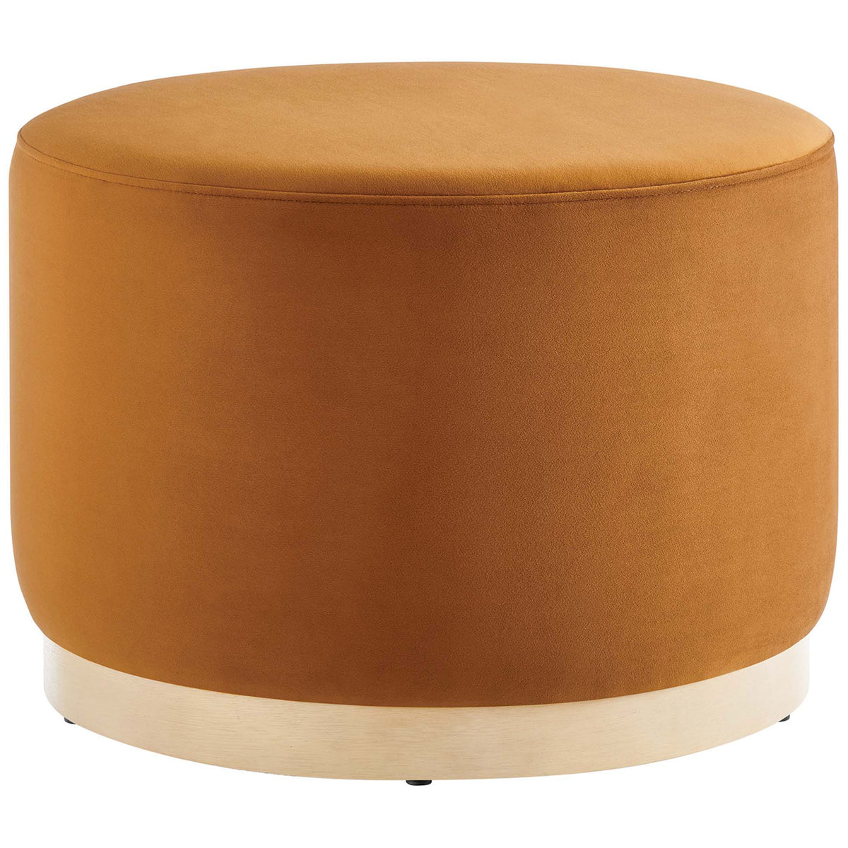 Round rust performance velvet ottoman with plush cushioning and a light wood plinth base || EEI-6646-RUS-NAT || front_angle_studio