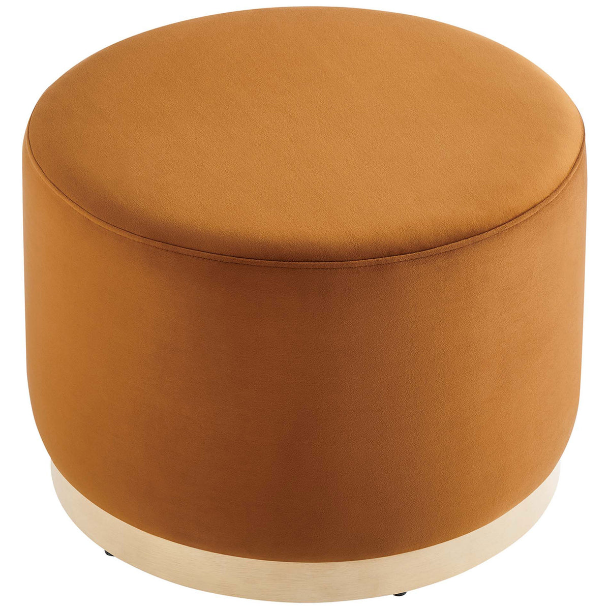 Spacious round ottoman offers a smooth rust velvet top ideal for trays, books, or relaxed lounging || EEI-6646-RUS-NAT || top_angle_studio