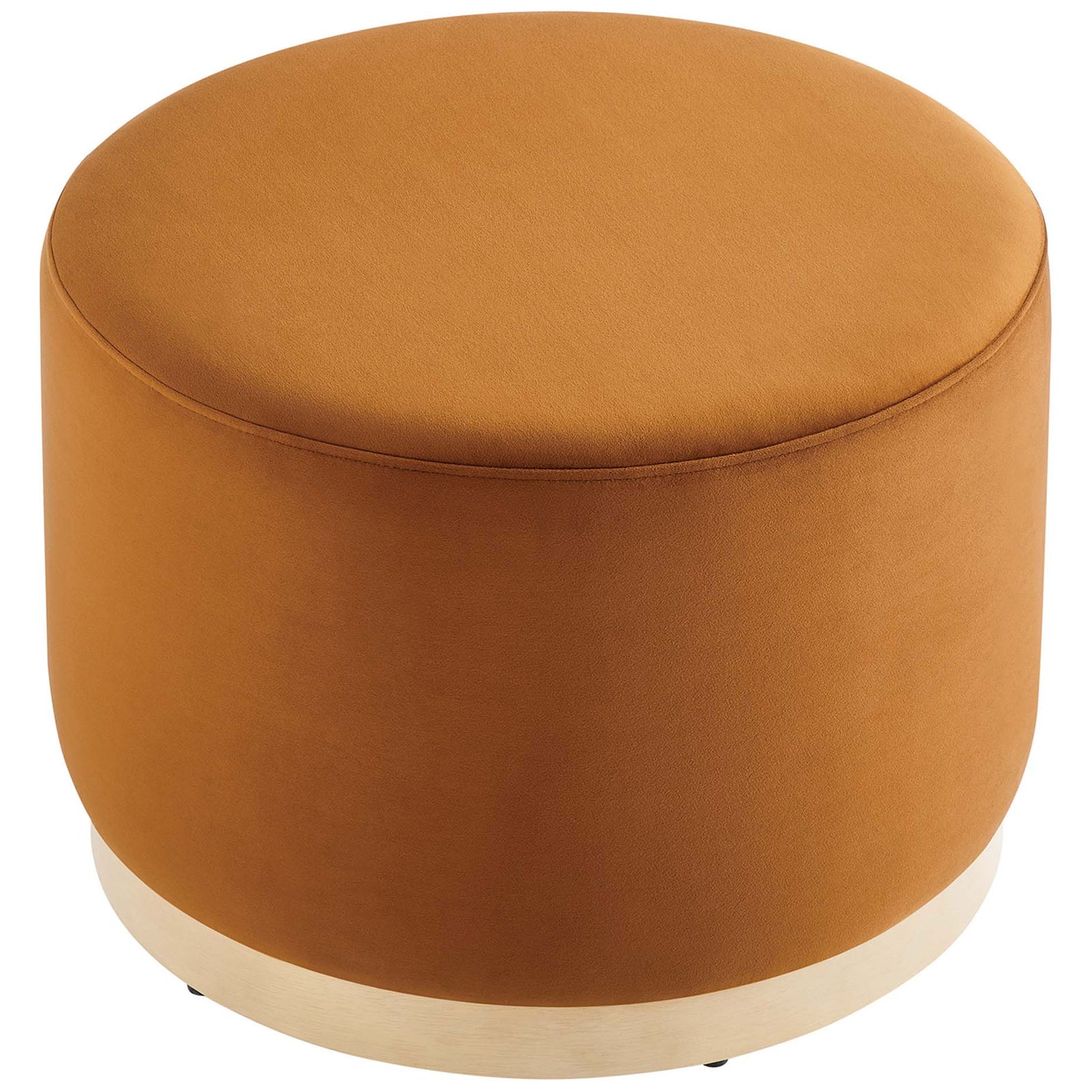 Spacious round ottoman offers a smooth rust velvet top ideal for trays, books, or relaxed lounging || EEI-6646-RUS-NAT || top_angle_studio