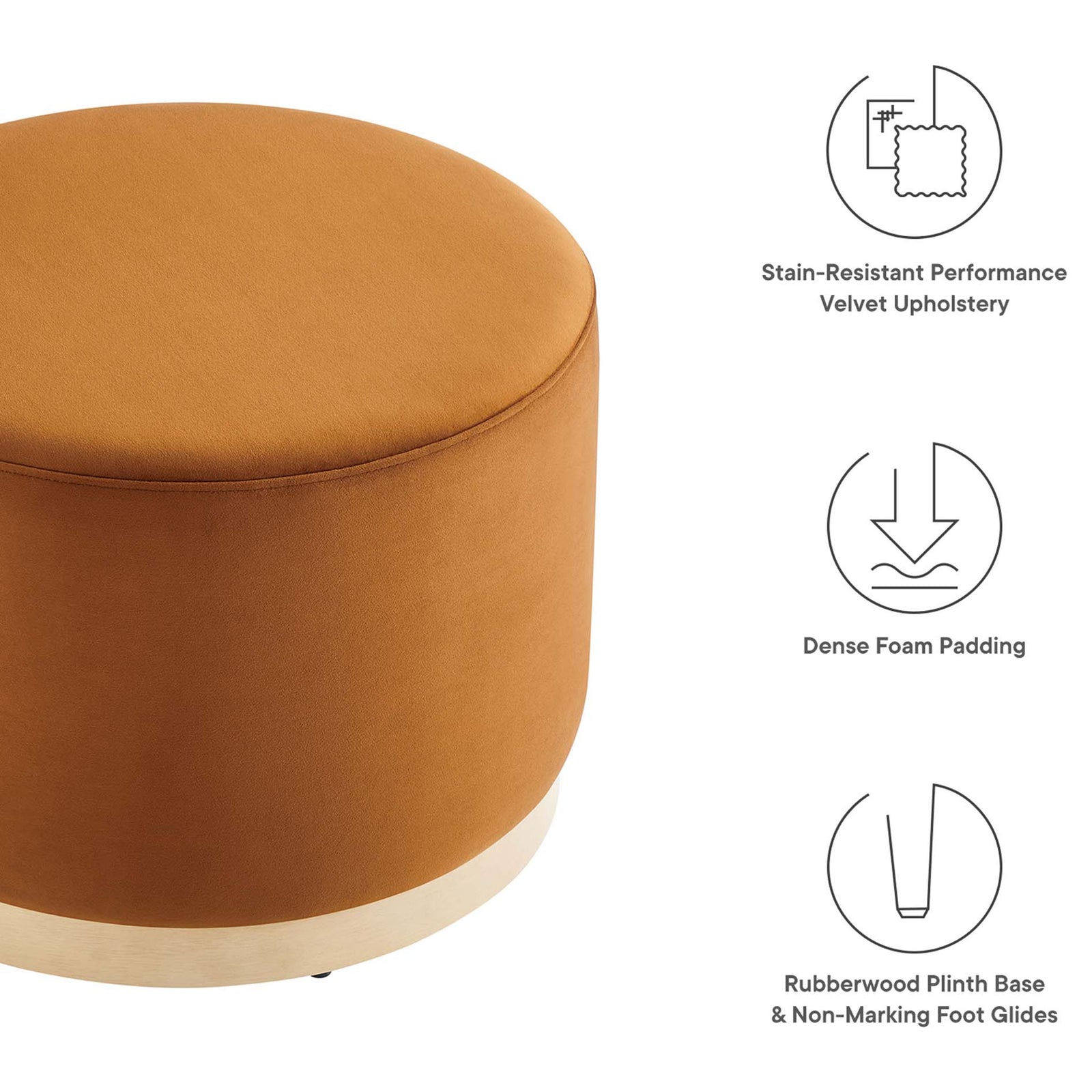 Rust velvet ottoman with icons highlighting stain resistant fabric, dense foam comfort, and a rubberwood base || EEI-6646-RUS-NAT || callout_studio
