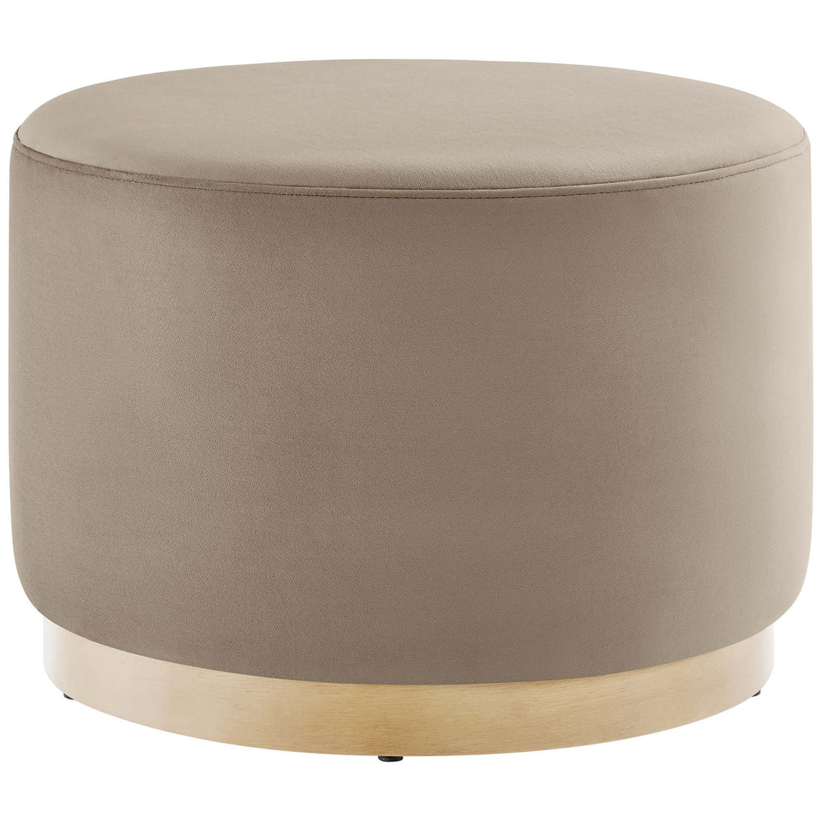 Taupe velvet round ottoman with smooth seat and light wood plinth base for modern living rooms || EEI-6646-TAU-NAT || front_angle_studio