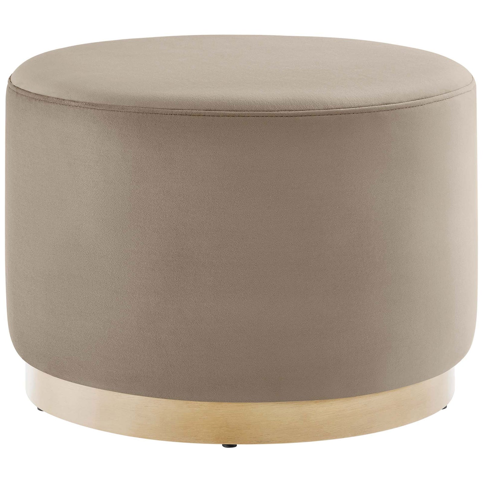 Taupe velvet round ottoman with smooth seat and light wood plinth base for modern living rooms || EEI-6646-TAU-NAT || front_angle_studio