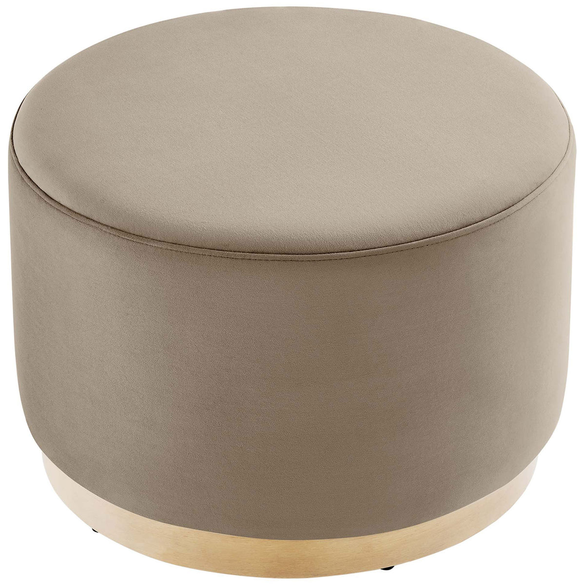 Round taupe ottoman with plush foam top and slim wood base for versatile seating or a chic footrest || EEI-6646-TAU-NAT || top_angle_studio
