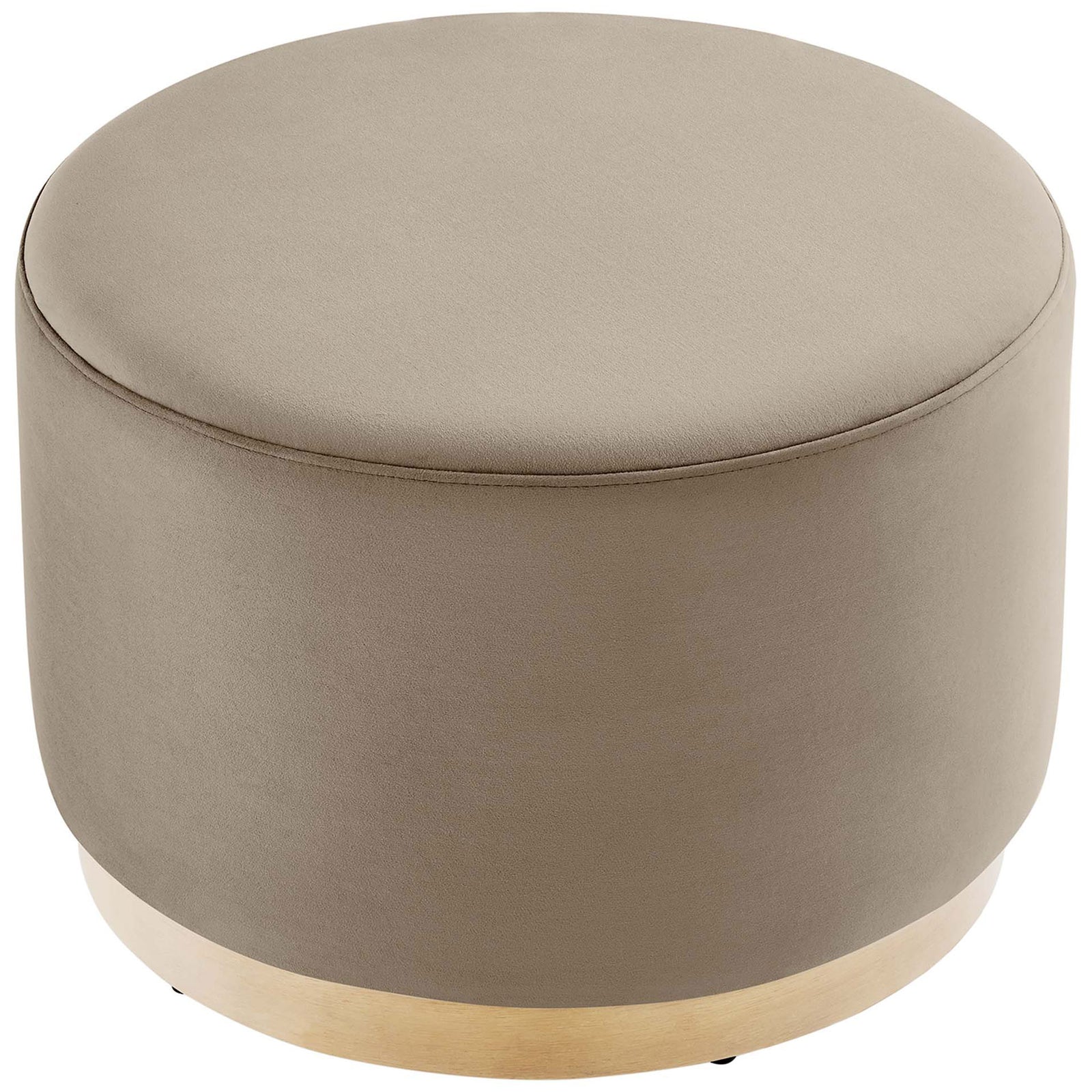 Round taupe ottoman with plush foam top and slim wood base for versatile seating or a chic footrest || EEI-6646-TAU-NAT || top_angle_studio