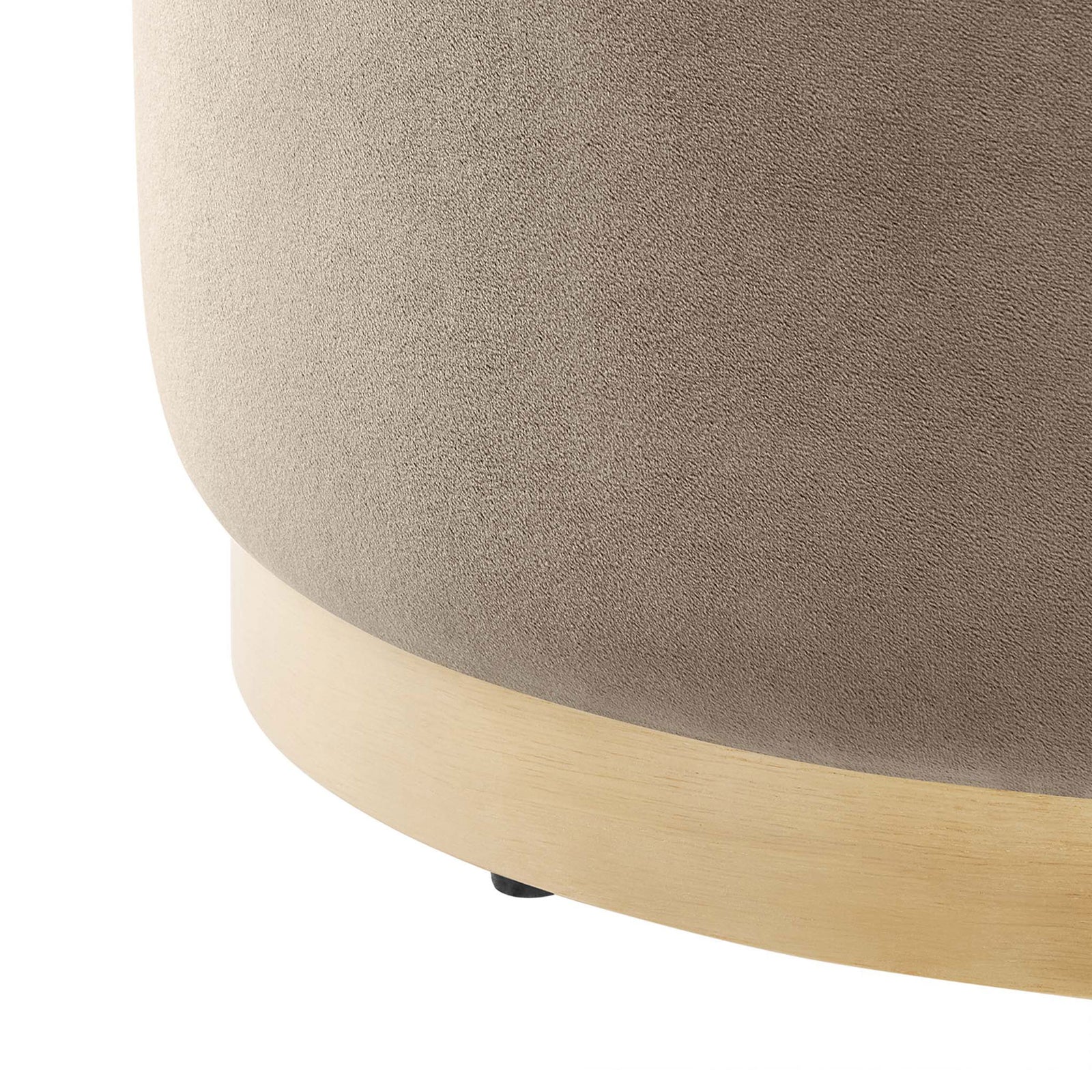Detail of taupe performance velvet and blonde wood plinth base with non-marking glides || EEI-6646-TAU-NAT || detail_studio