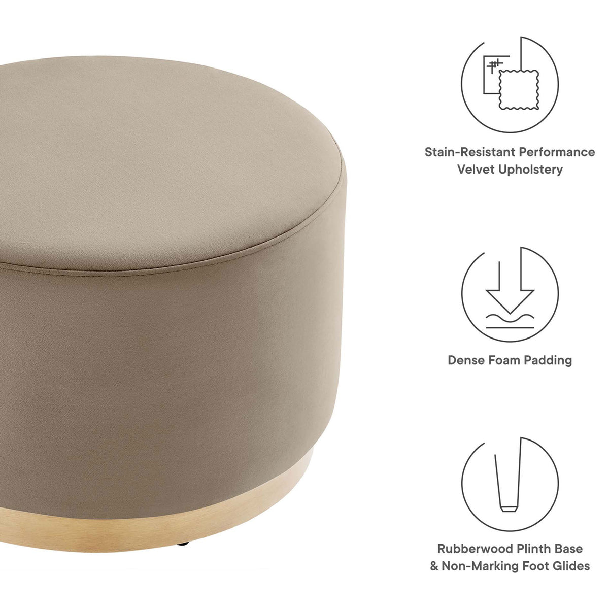 Performance velvet ottoman with icons highlighting stain resistance, dense foam, and wood base || EEI-6646-TAU-NAT || callout_studio