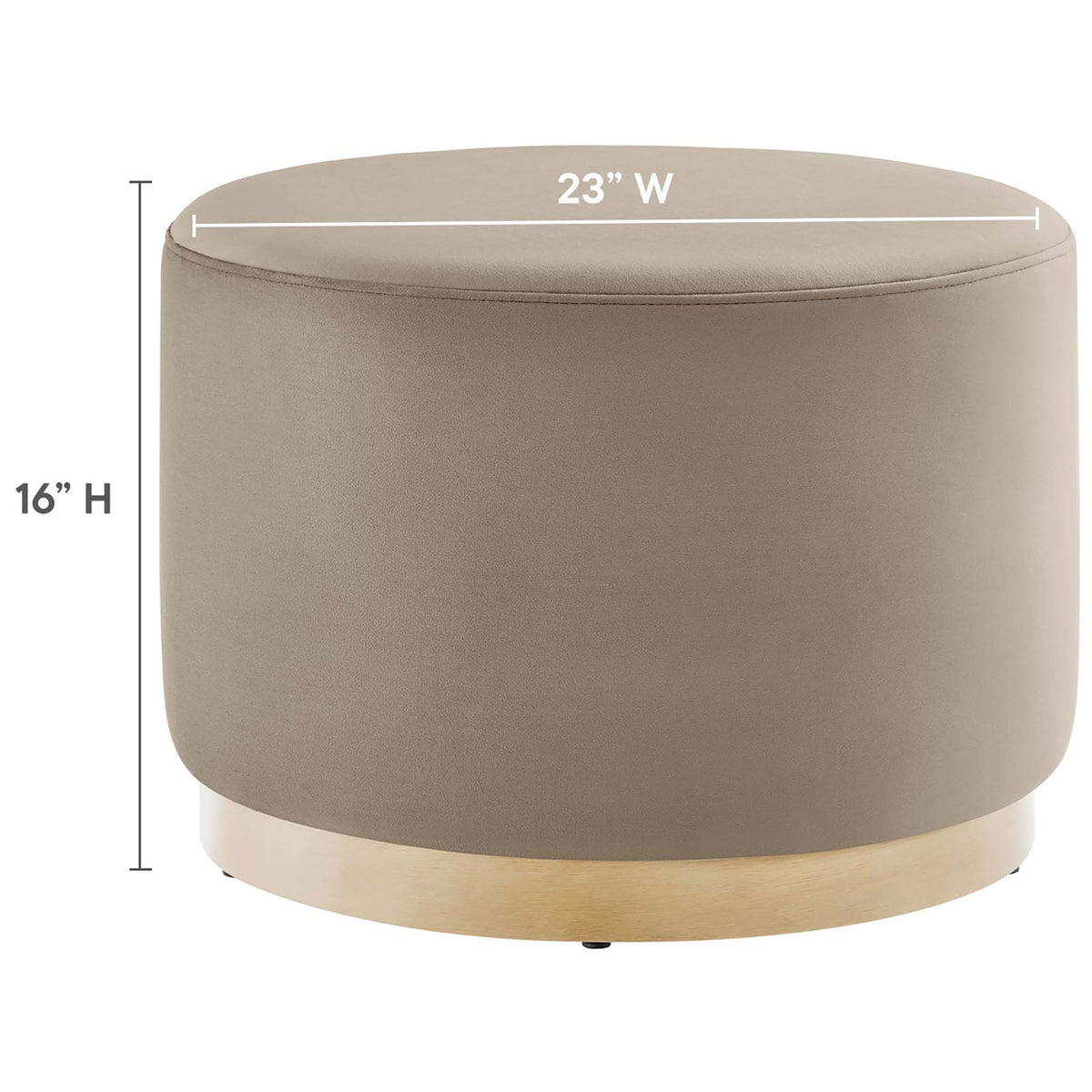 Taupe round ottoman with 23 in width and 16 in height measurements on a white background || EEI-6646-TAU-NAT || dimension_studio