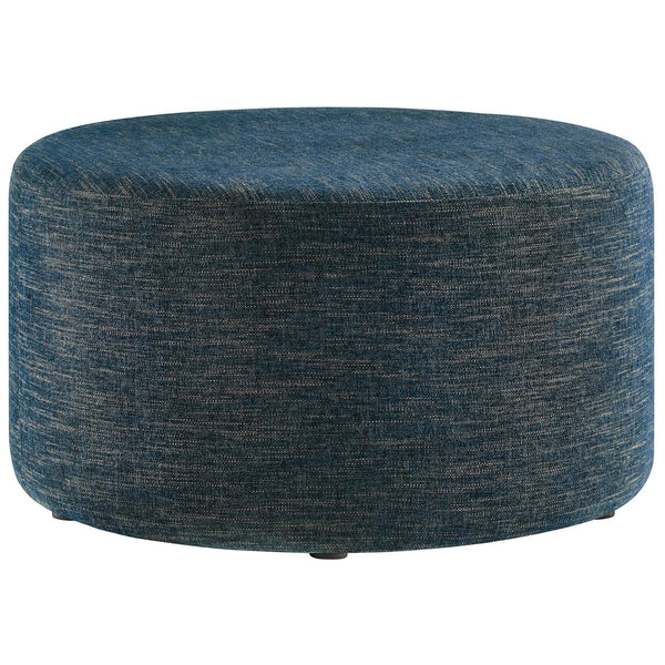 Large 29 inch round azure ottoman with heathered woven fabric and smooth tailored sides || EEI-6647-HEA || front_studio