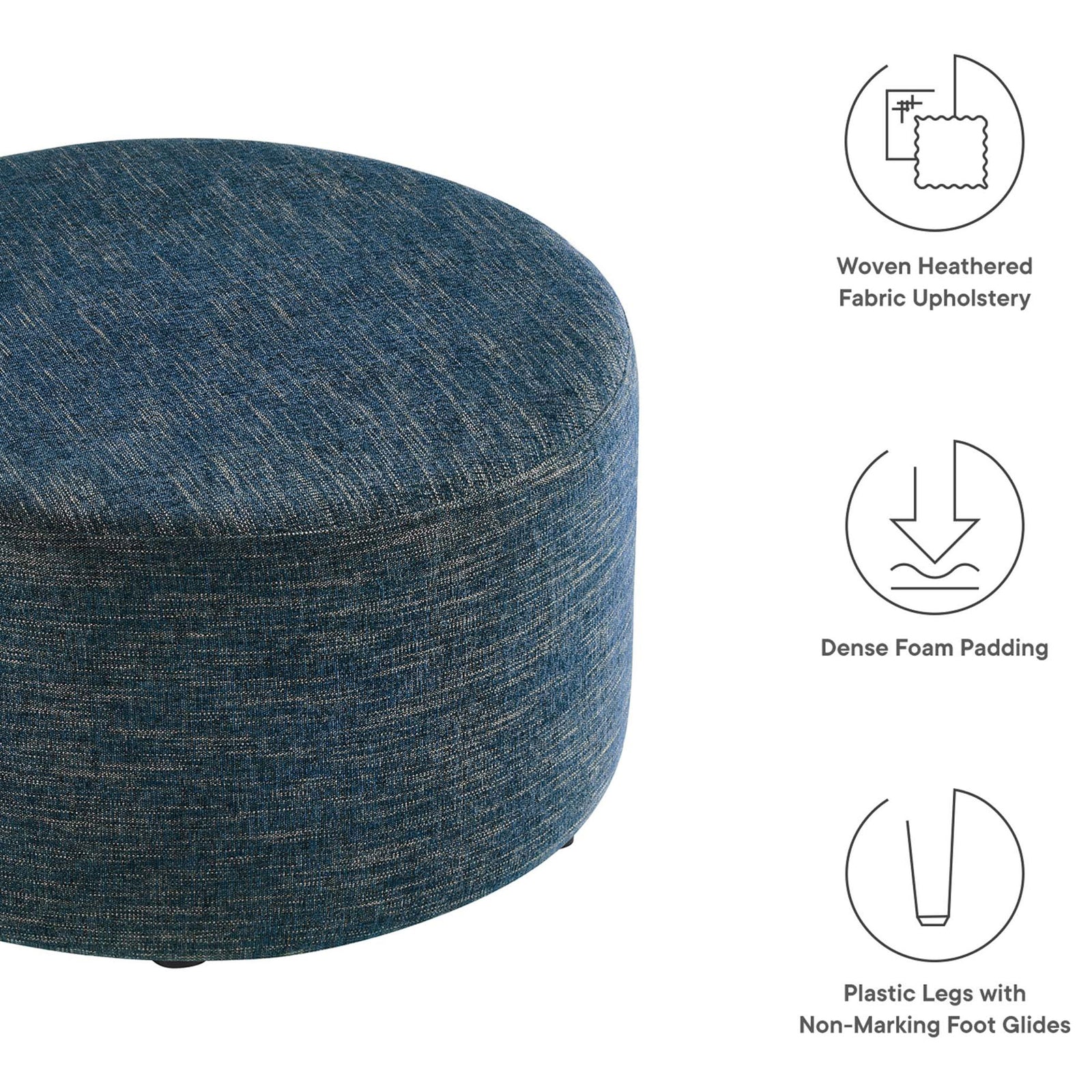 Features woven heathered fabric, dense foam cushioning, and plastic legs with non marking glides || EEI-6647-HEA || callout_studio