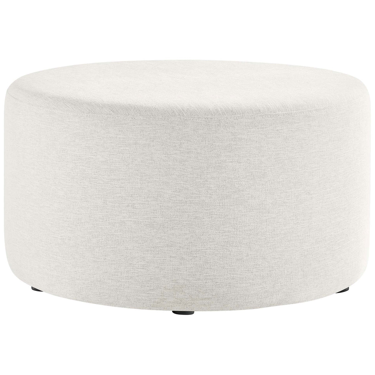 Heathered ivory round ottoman with smooth tailored sides and low-profile legs for modern spaces. || EEI-6647-HEI || front_studio