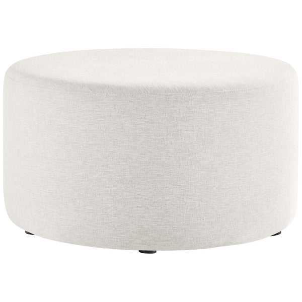Heathered ivory round ottoman with smooth tailored sides and low-profile legs for modern spaces. || EEI-6647-HEI || front_studio